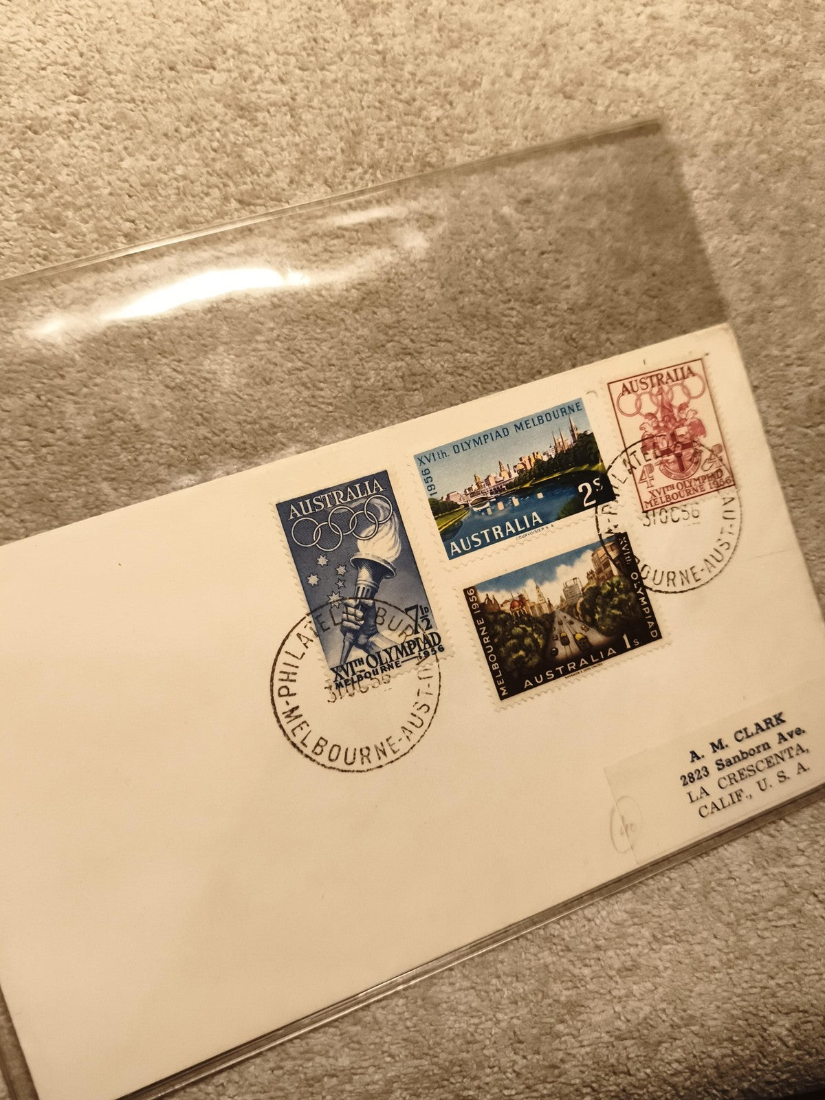 Lettre premier jour Olympiade Melbourne 1956 Australie, 4 timbres oblitérés
