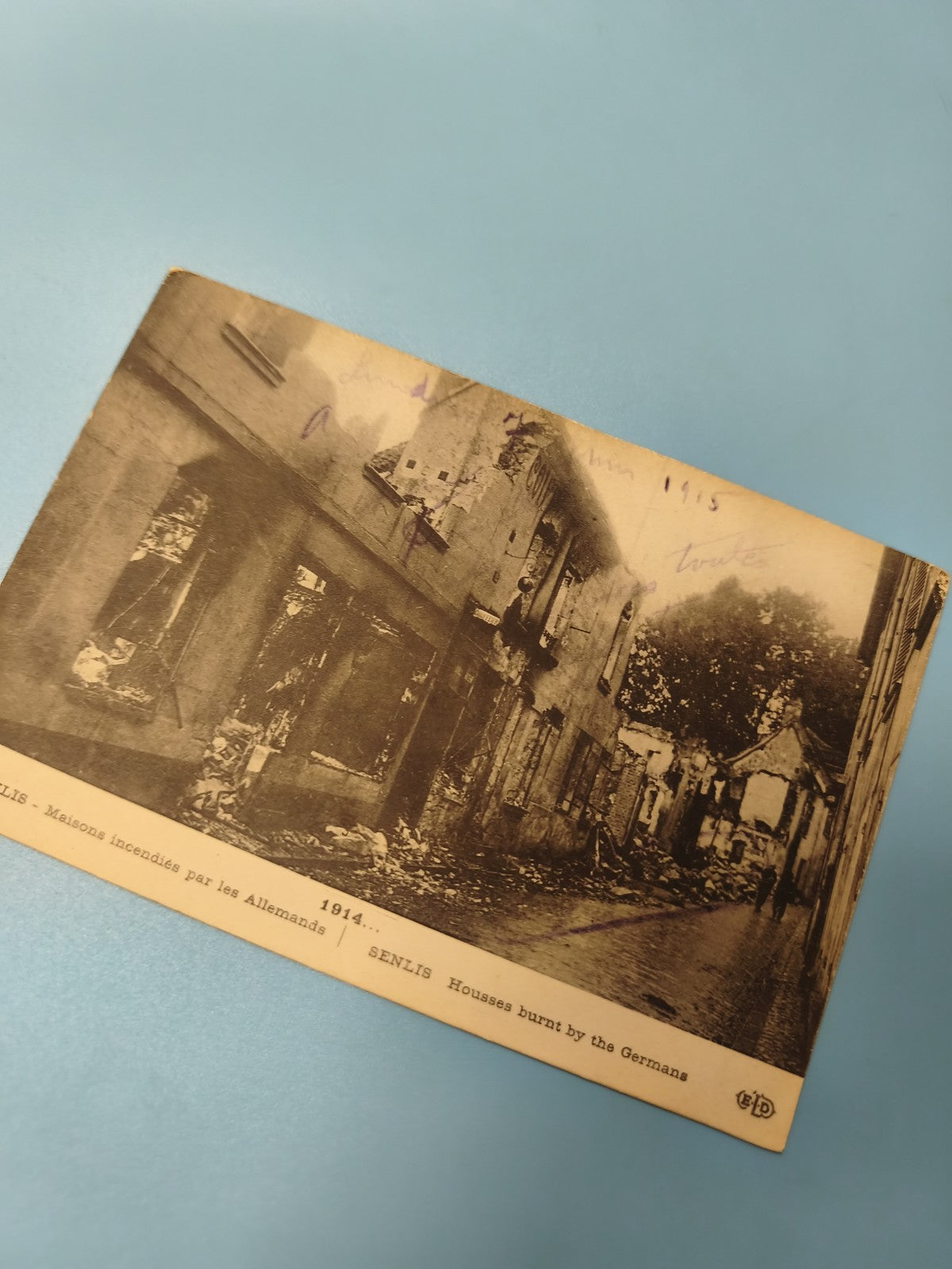 Ancienne carte postale 1914 Senlis maisons incendiées guerre, photo animée rare