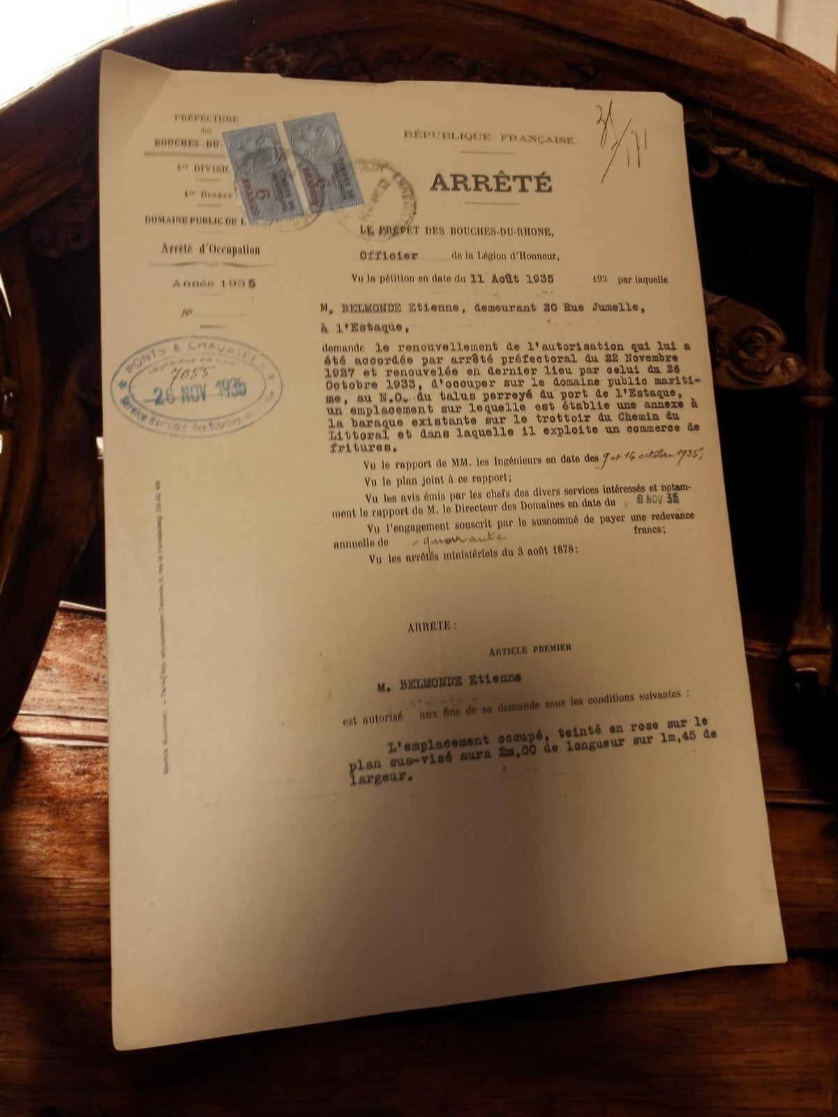 Arrêté préfectoral ancien Bouches-du-Rhône Marseille 1935 timbres fiscaux