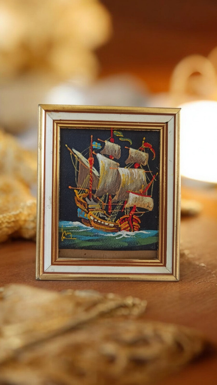 Tableau marin ancien cadre doré – peinture bateau vintage signée décor mural
