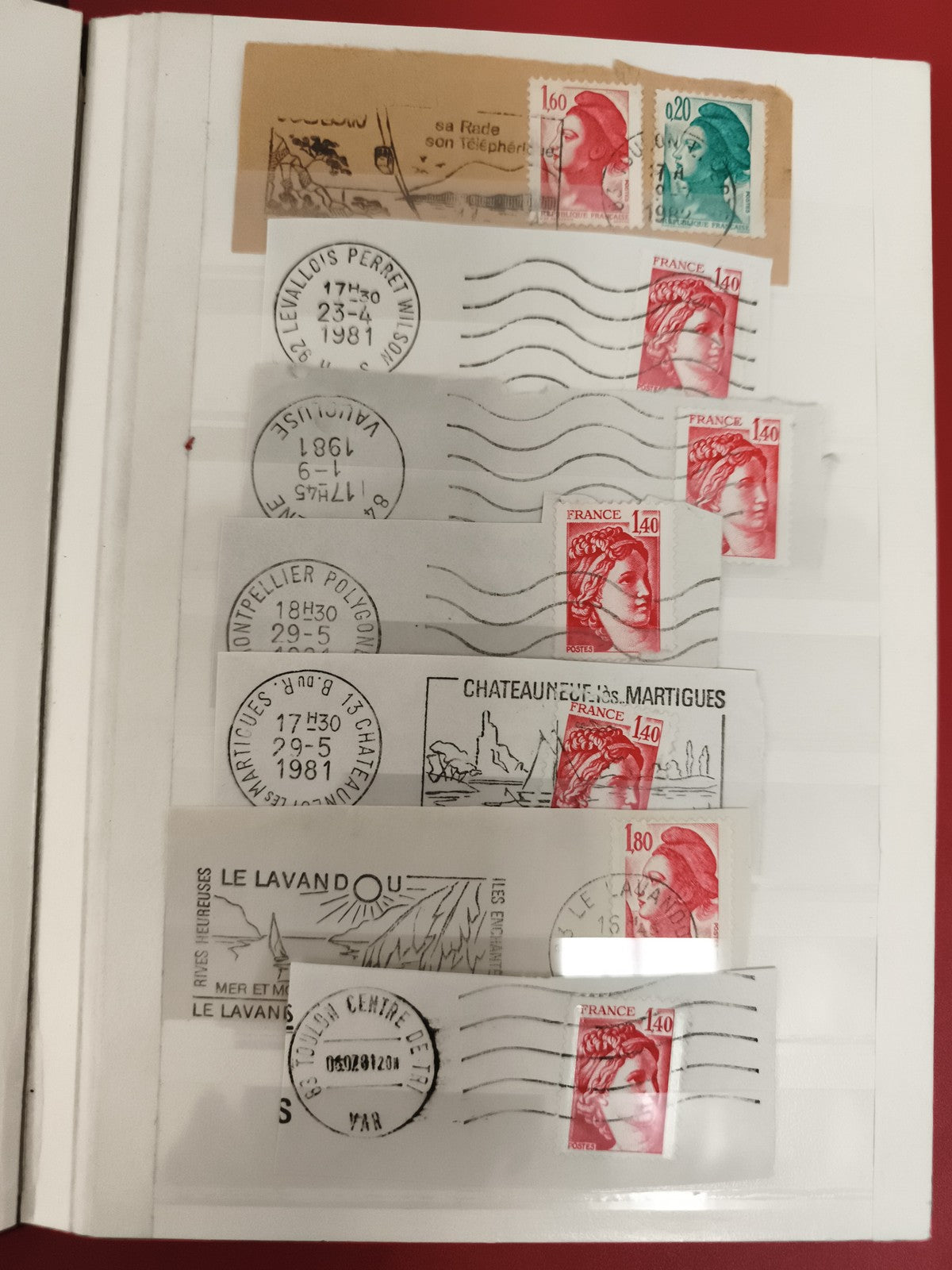 Lot oblitérations Marianne France années 80, fragments enveloppes timbres rouges