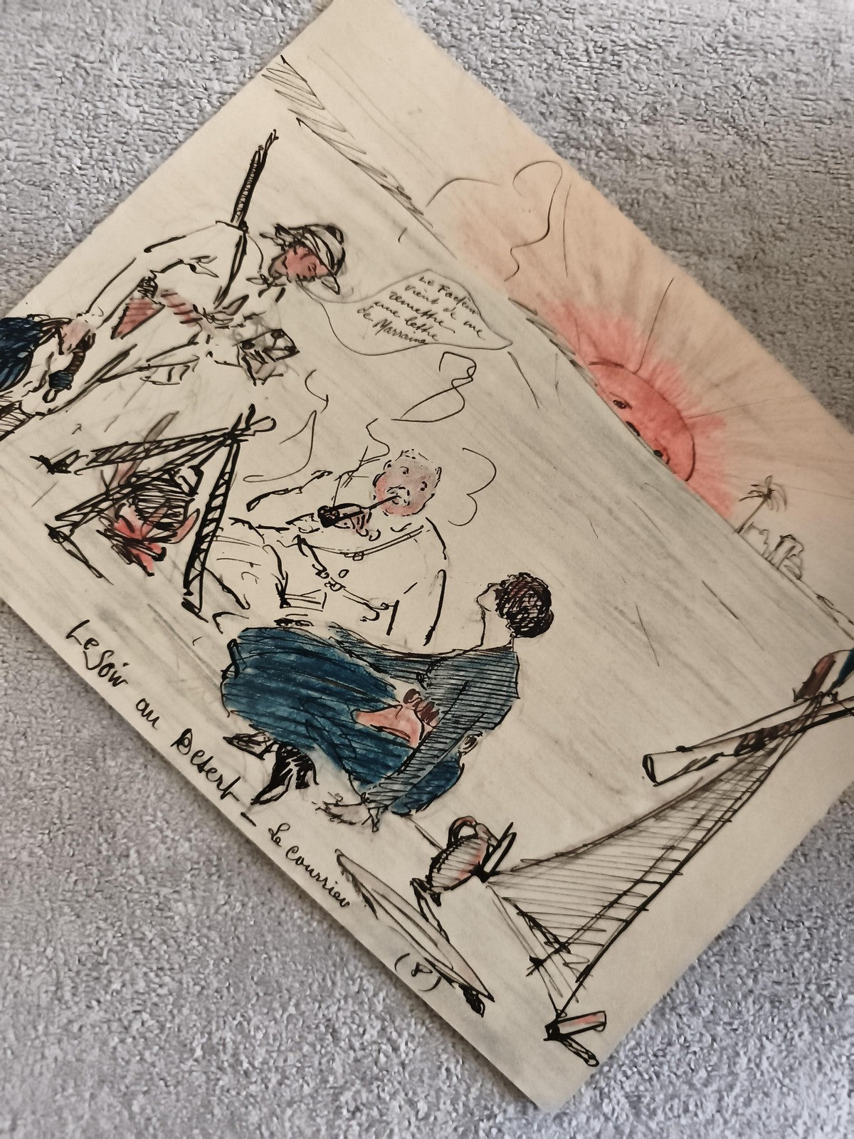 CPA illustrée Le soir au Désert scène campement dessin colorié