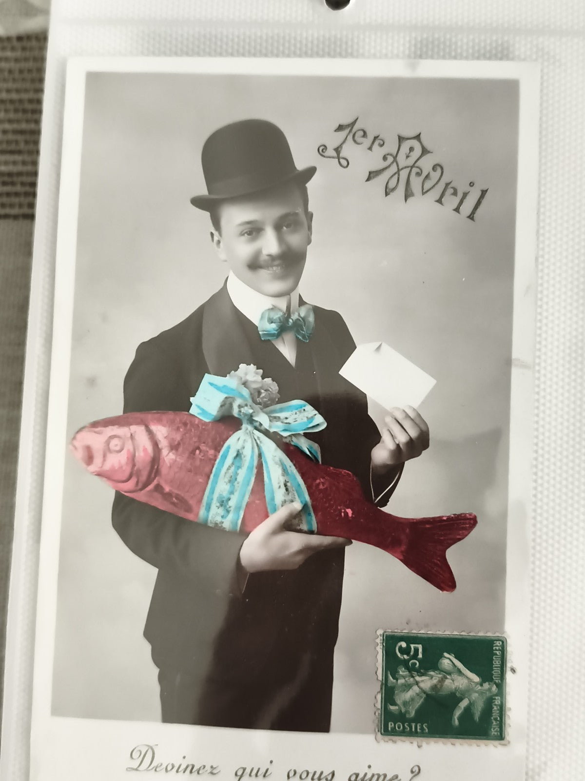 Carte postale ancienne 1er Avril colorisée, poisson d'avril, humour rétro CPA