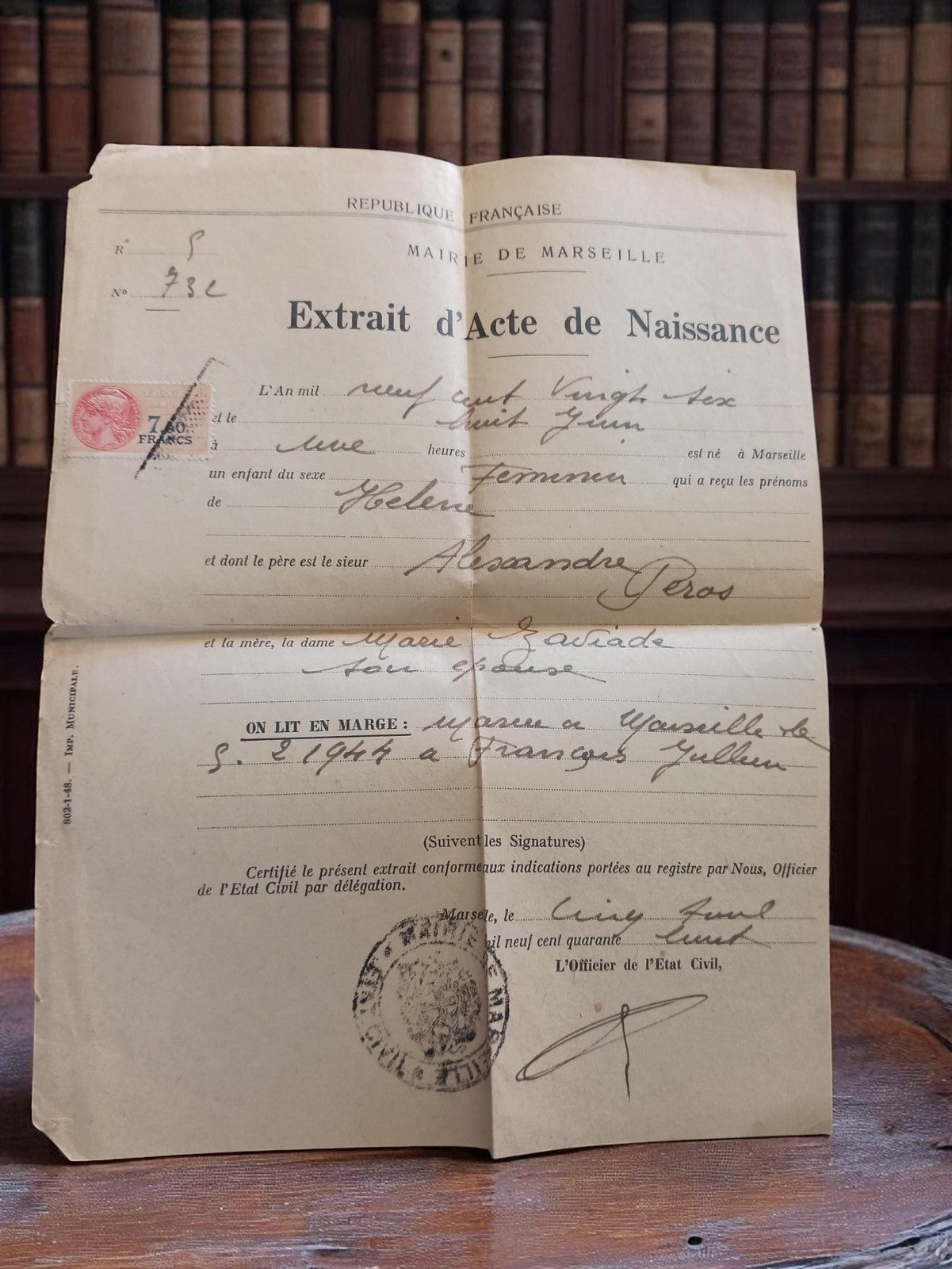 Extrait d'acte de naissance ancien Marseille 1926 document officiel vintage