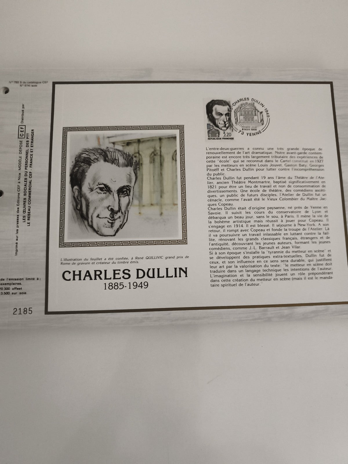 Feuillet philatélique CEF Charles Dullin 1983 timbre 3,20 F oblitéré théâtre
