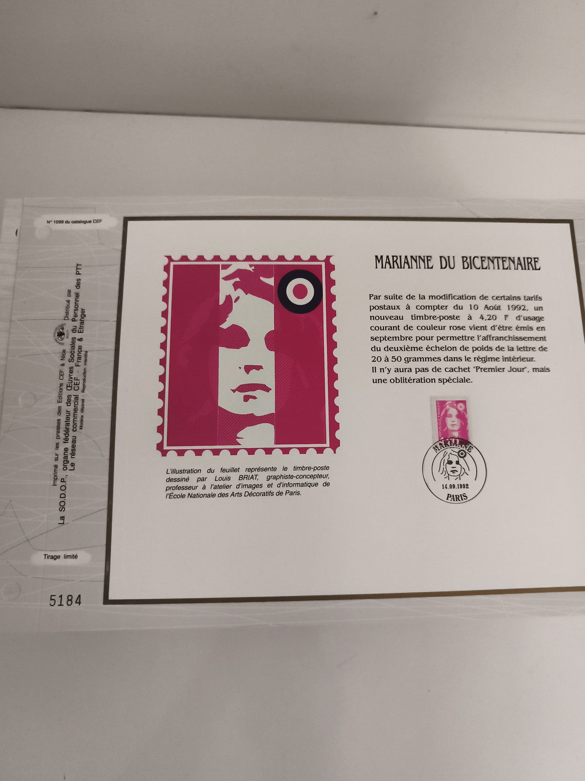 Feuillet philatélique CEF Marianne du Bicentenaire 1992 tirage limité Louis Bria