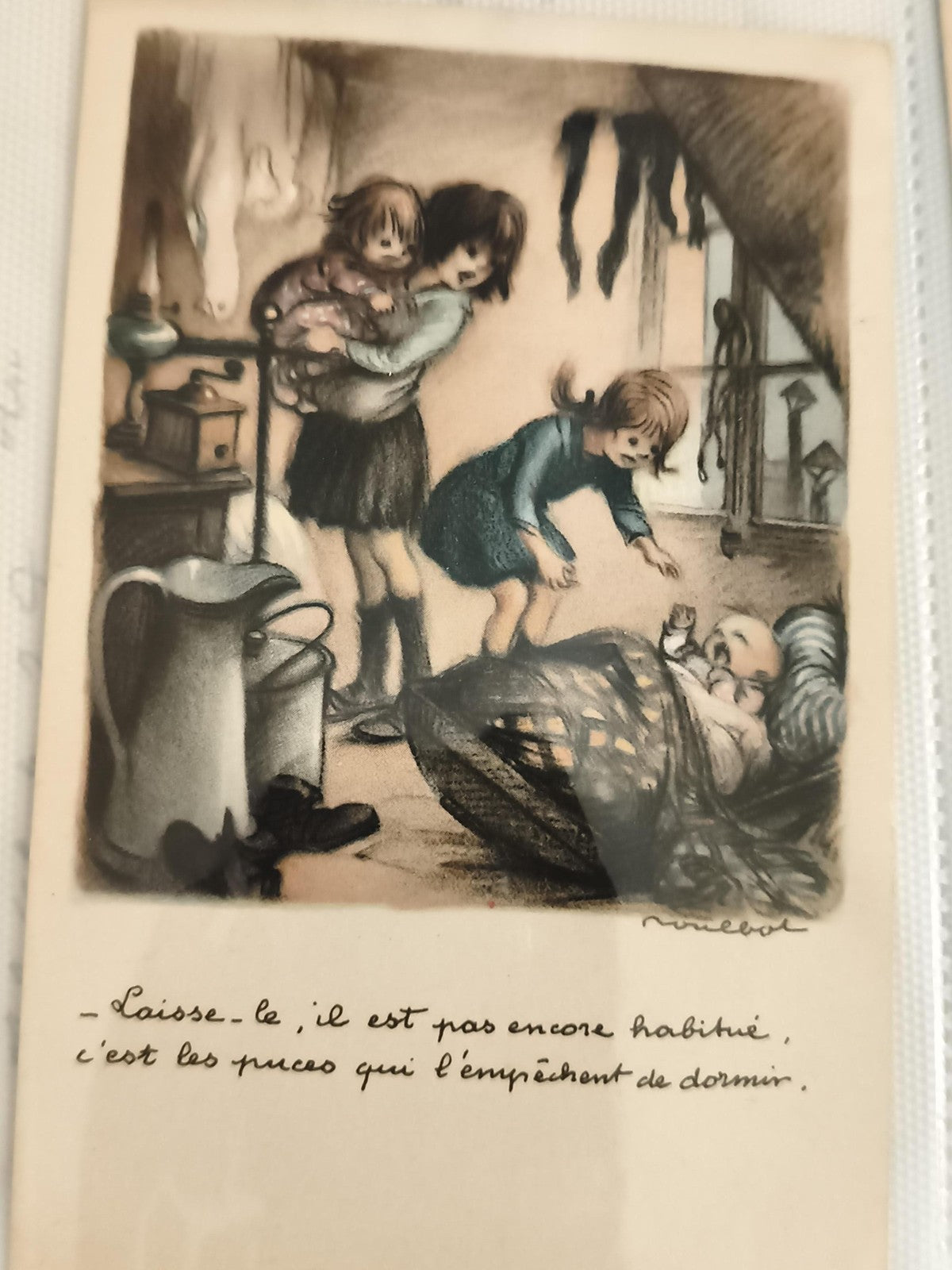 Carte postale ancienne illustrée NICOLOT intérieur famille humour vintage CPA