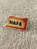 Pin's publicitaire vintage HAFA Lubrifiants logo rouge jaune métal ancien (Ref 1