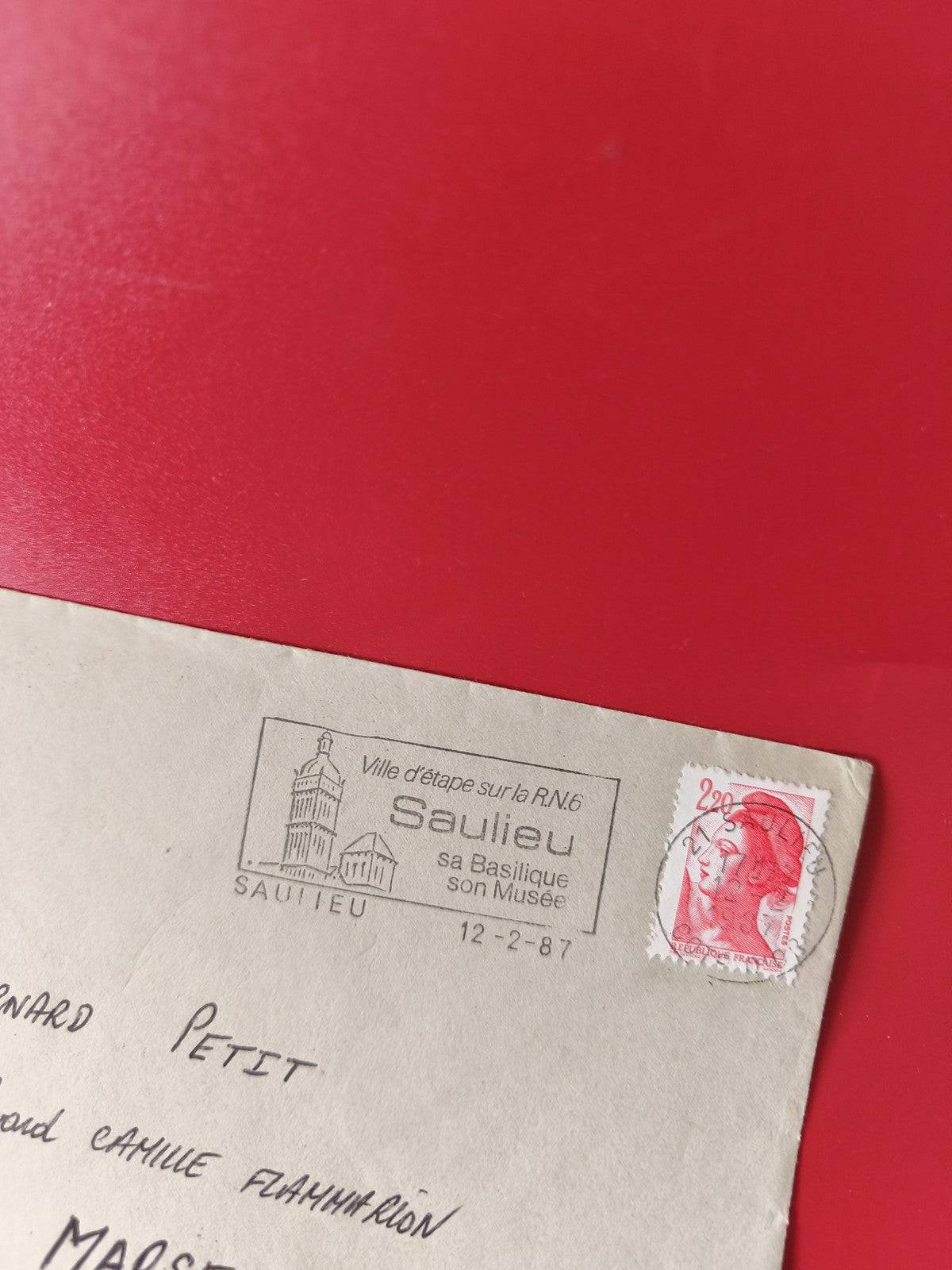 Enveloppe philatélie oblitérée Sauieu 1987 timbre Marianne rouge 2,20F