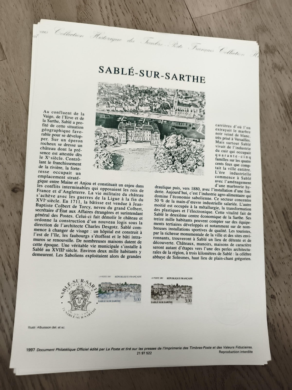Document philatélique Sablé-sur-Sarthe La Poste 1997 timbres France philatélie
