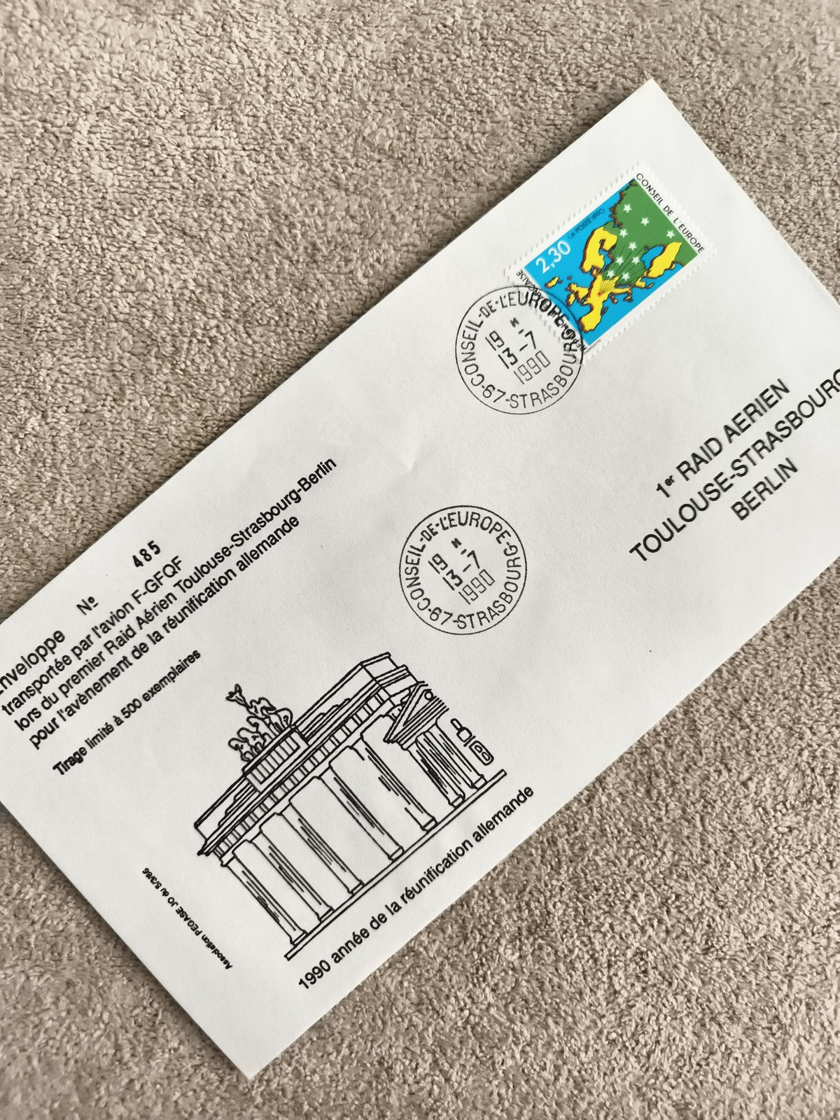 Lettre 1er jour 1990 Raid Aérien Strasbourg Berlin timbre Europe Conseil