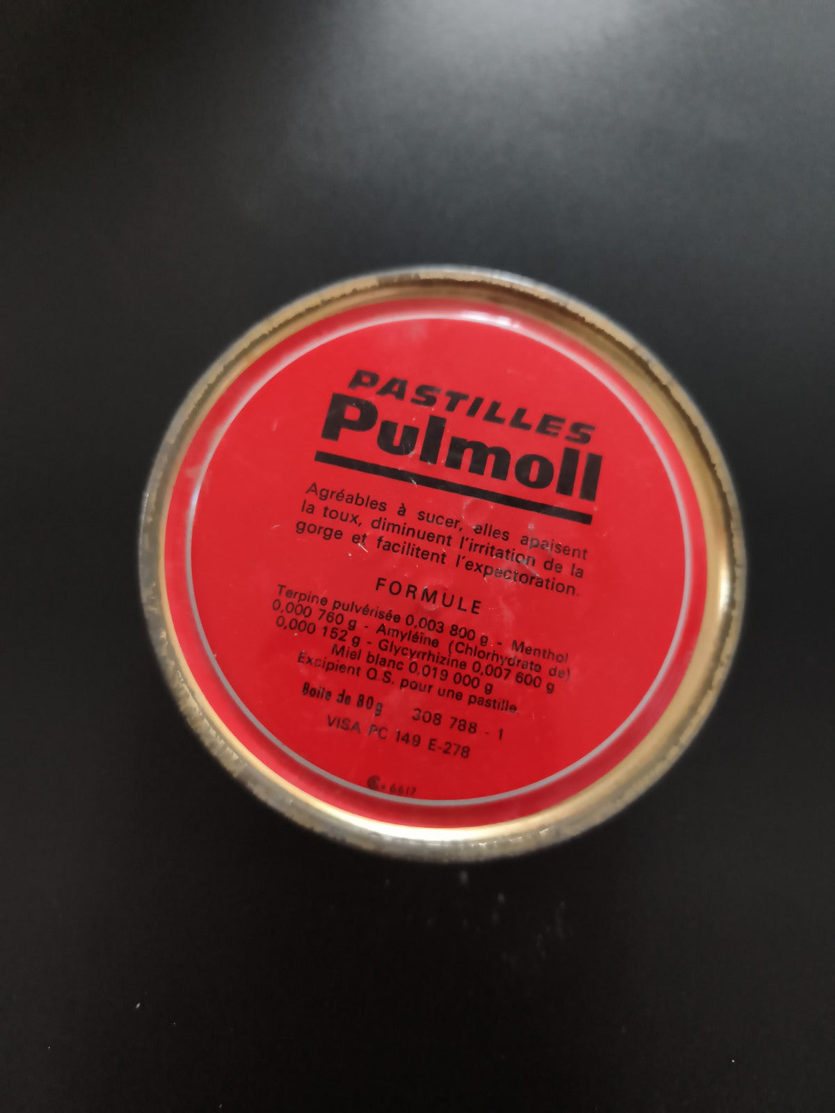 Boîte ancienne Pulmoll rouge pastilles vintage déco pharmacie métal
