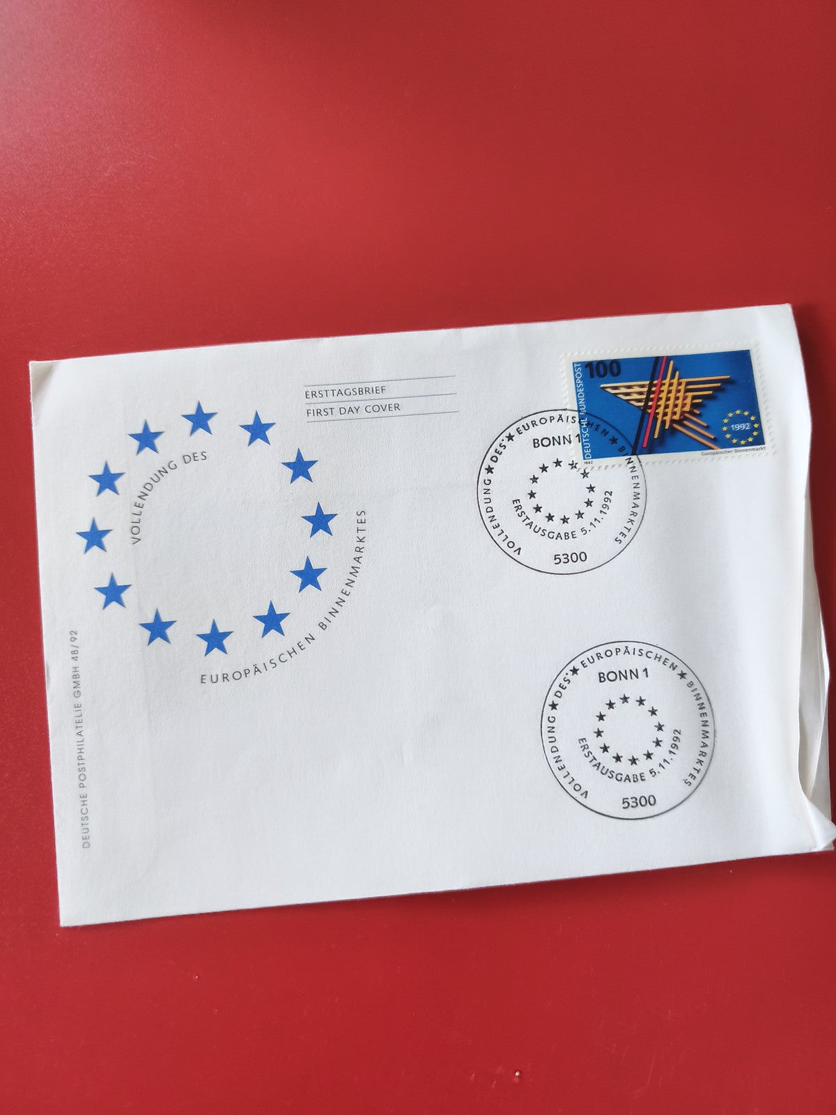 Enveloppe philatélie premier jour Europe, timbre 100 Bonn 1992, étoiles bleues