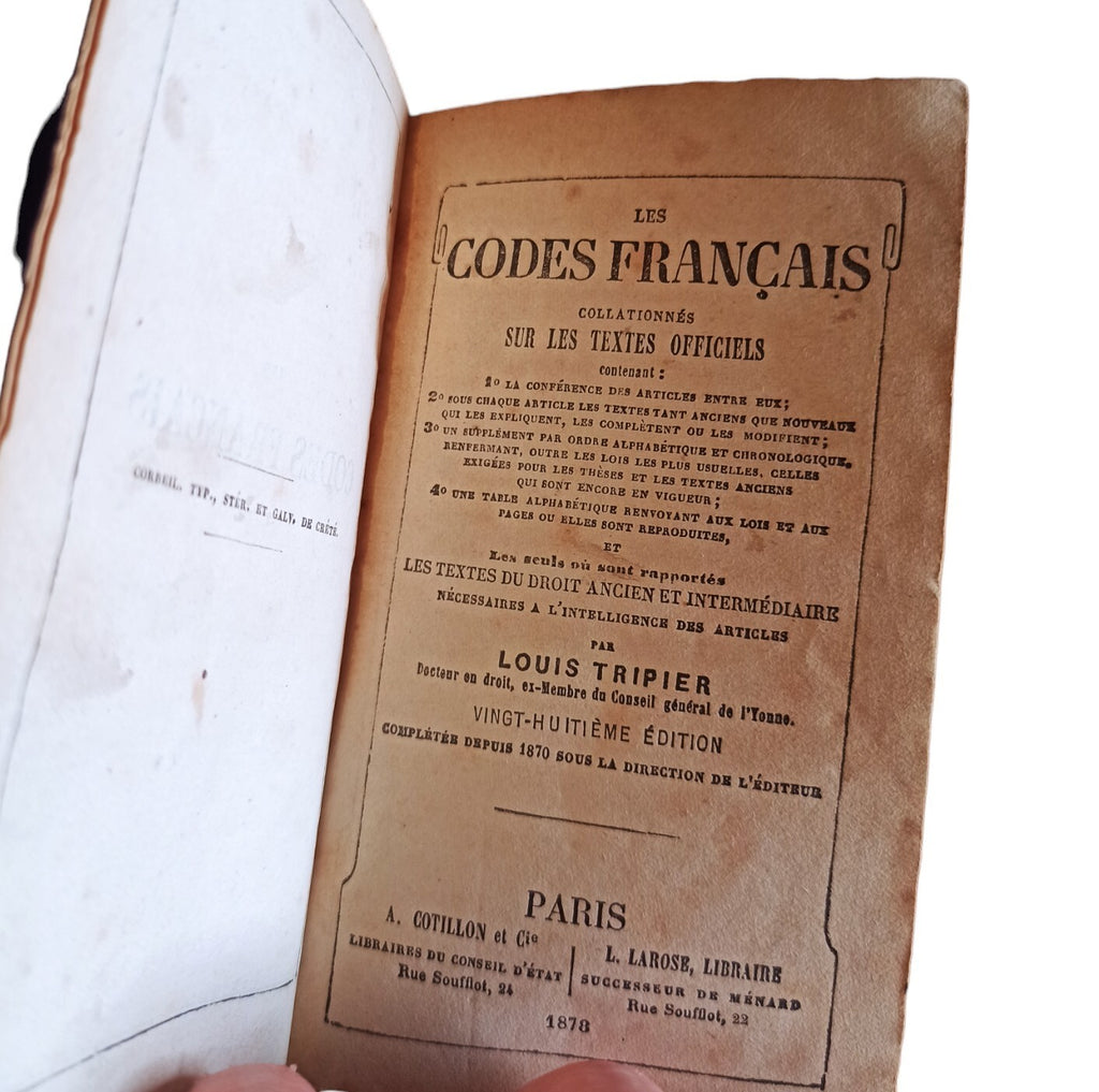 Livre ancien Codes Français Tripier 1878 reliure noire droit ancien