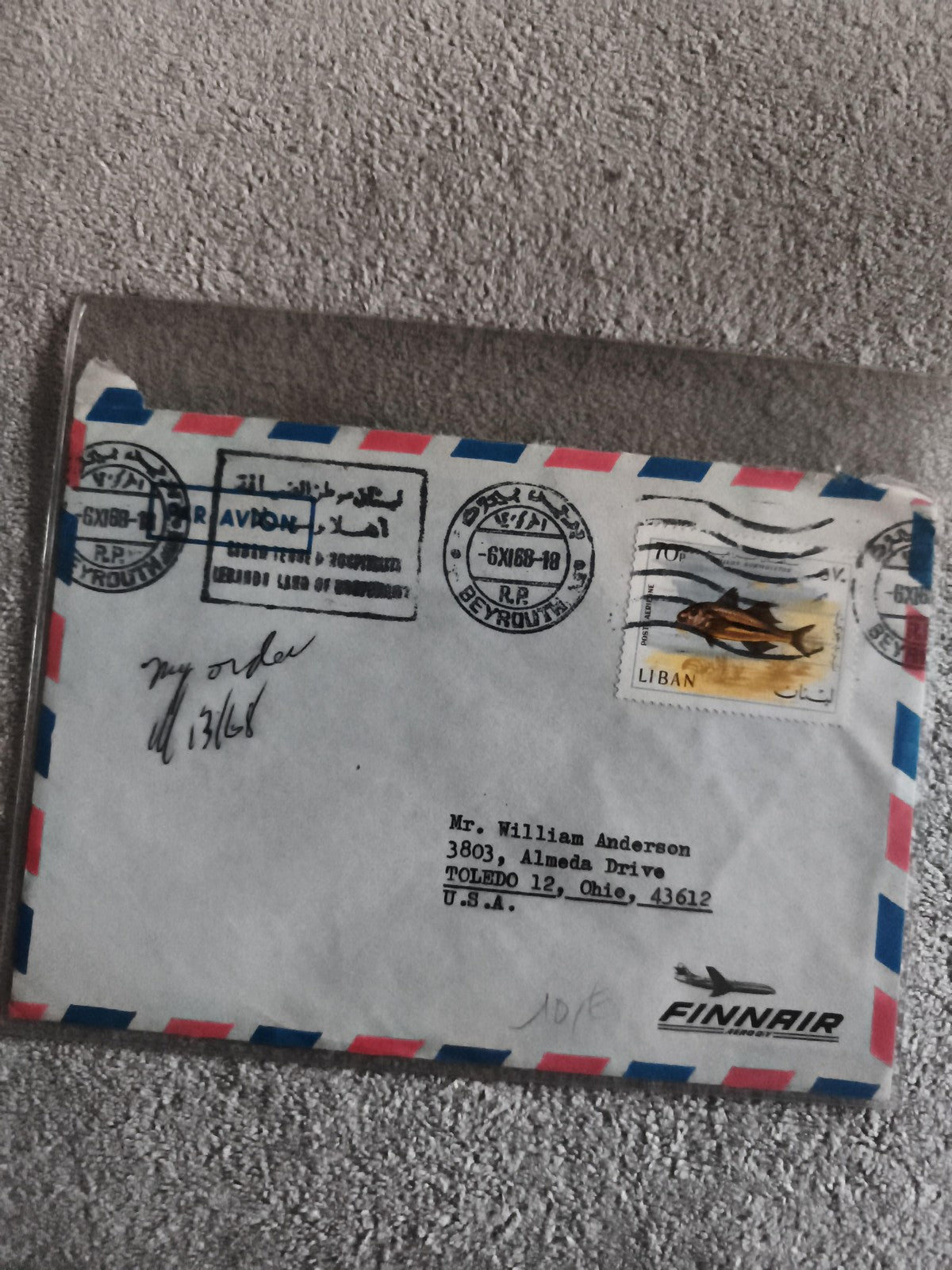 Lettre avion Liban 1968 cachet Beyrouth Finnair philatélie enveloppe affranchie