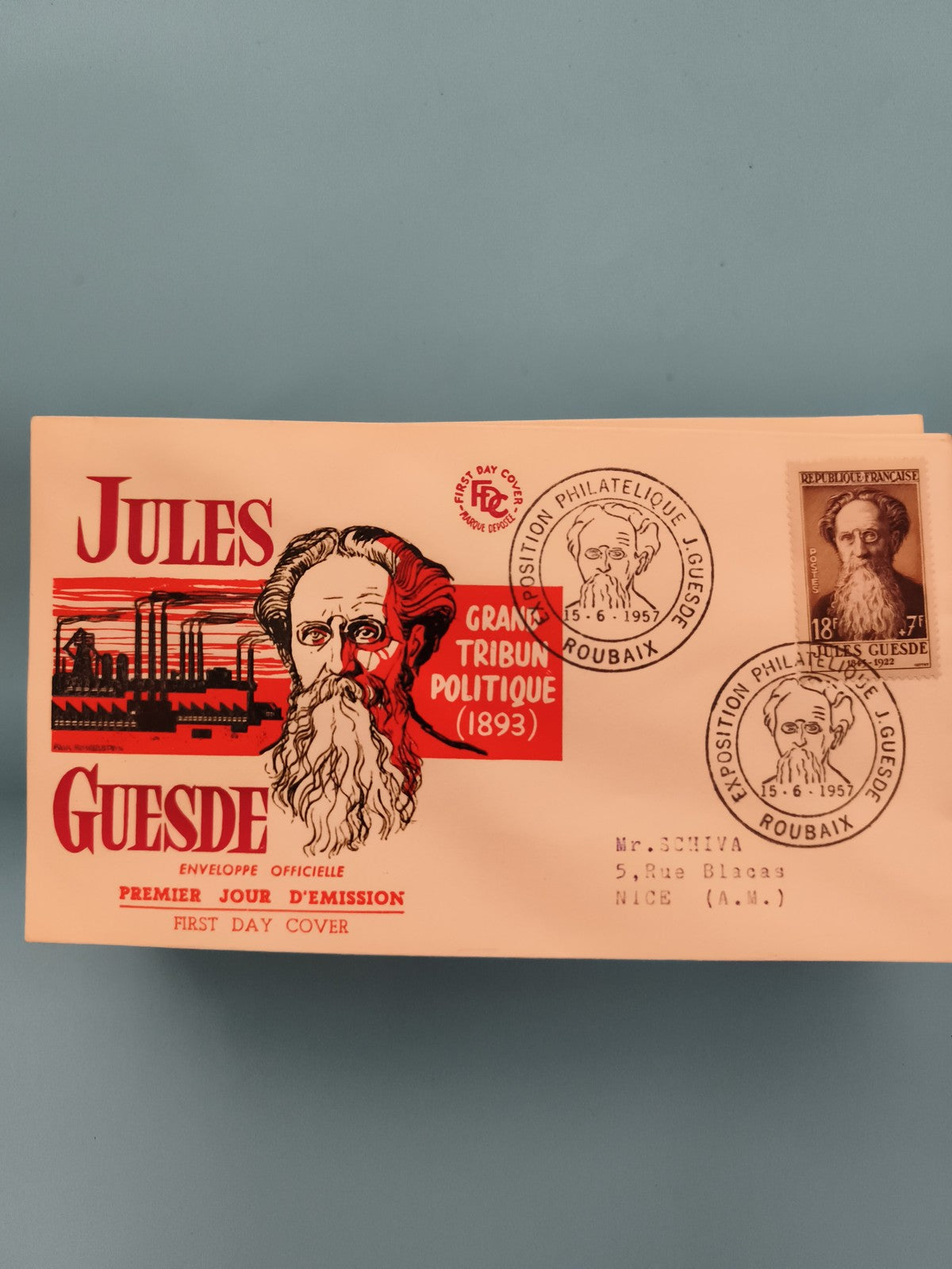 Lettre FDC Jules Guesde 1957 – Premier Jour Roubaix – Exposition Philatélique