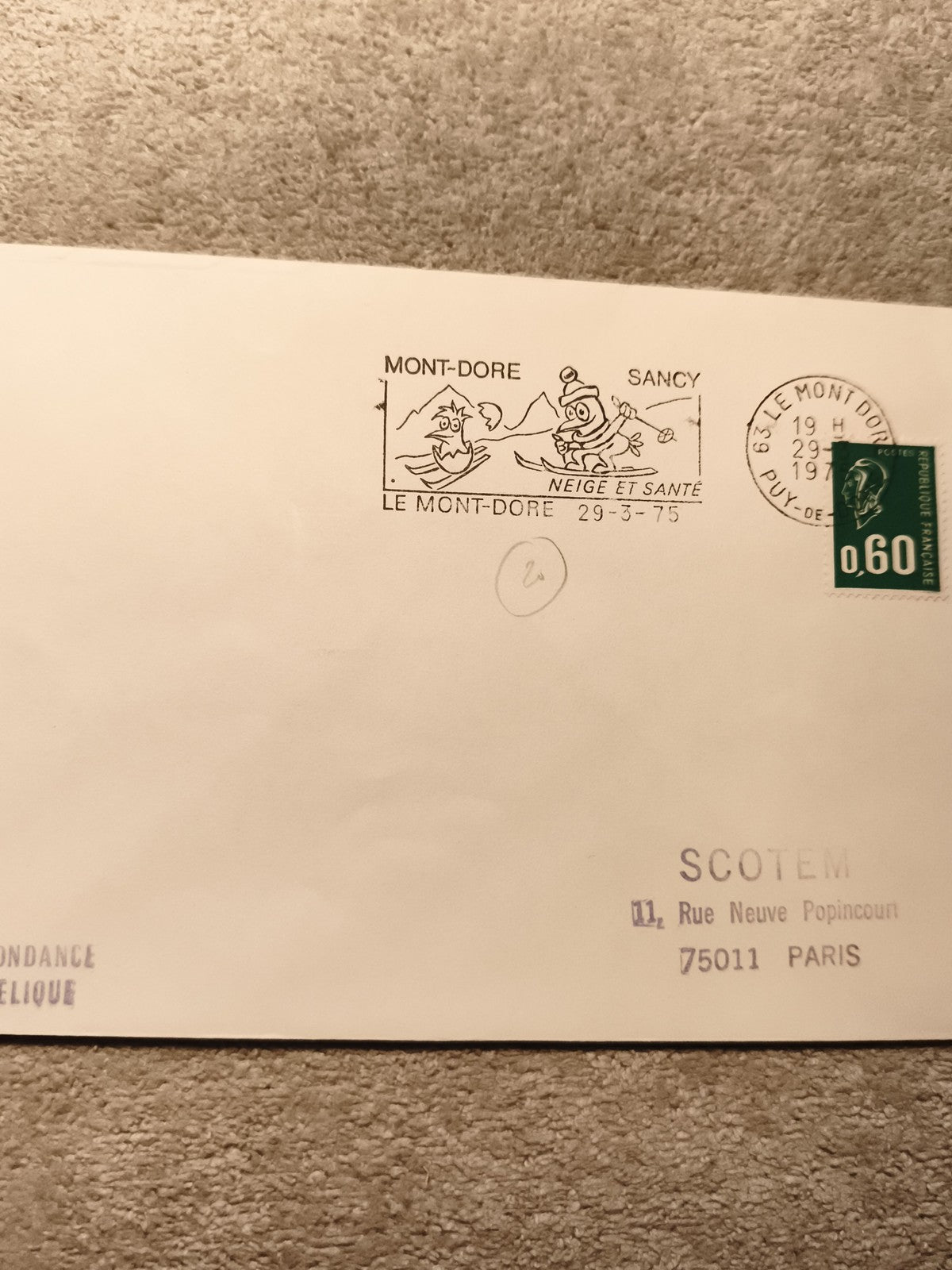 Lettre 1er jour Mont-Dore Sancy 1975 oblitération ski santé timbre 0,60