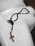 Chapelet catholique ancien perles noires, croix métal rétro vintage religieux