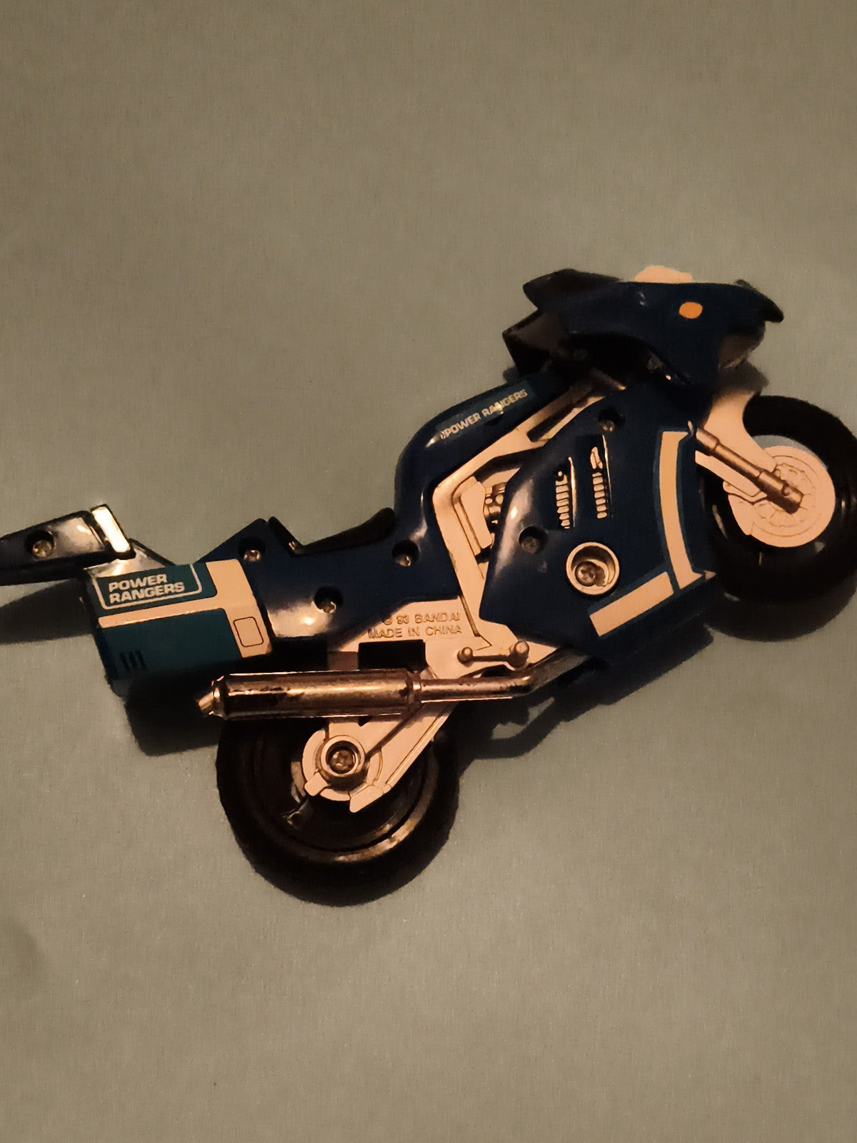 Moto jouet Power Rangers Bandai bleu blanc métal, moto miniature vintage