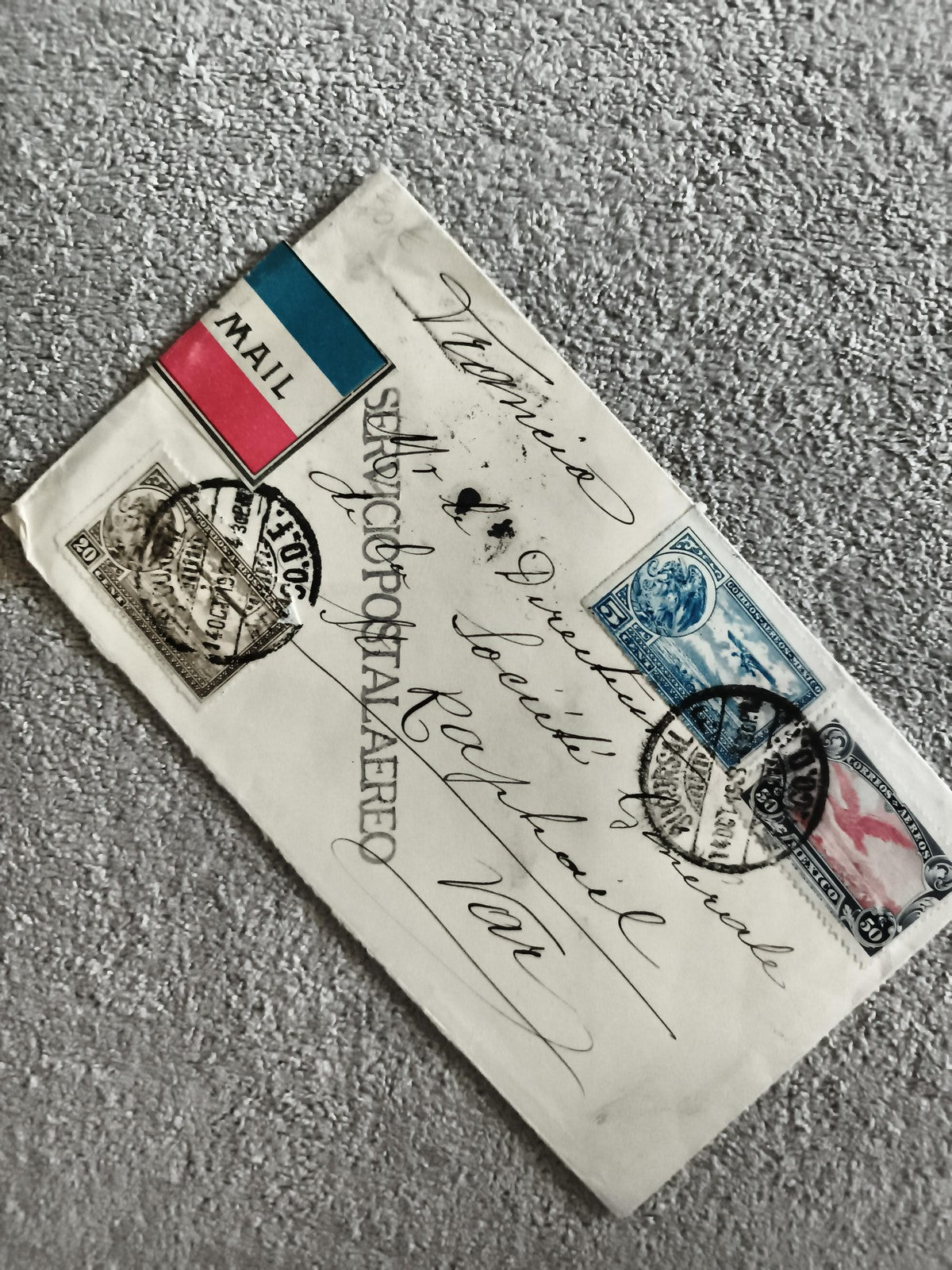 Lettre ancienne affranchie timbres USA cachet avion mail philatélie St-Raphaël