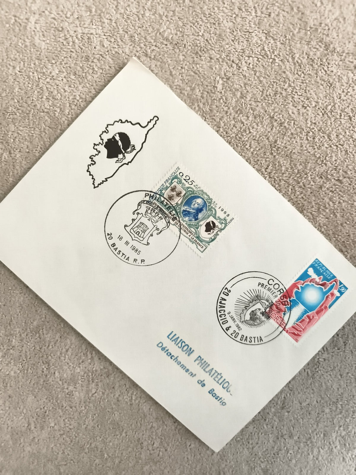 Lettre premier jour Corse Bastia Ajaccio 1985 timbres oblitérés philatélie