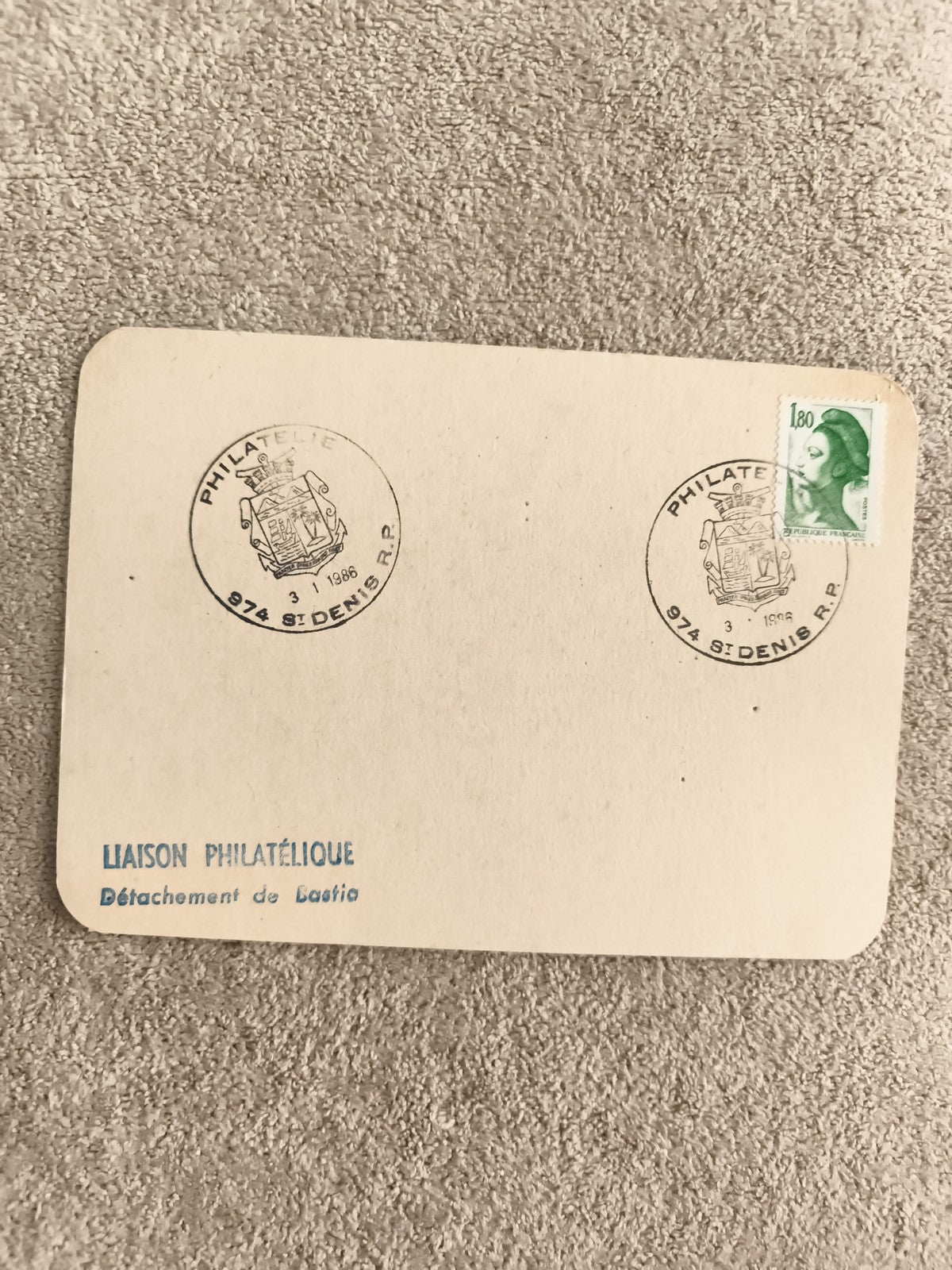 Carte philatélique oblitérée 1986 St Denis RP timbre Marianne 1,80 Liaison Basti