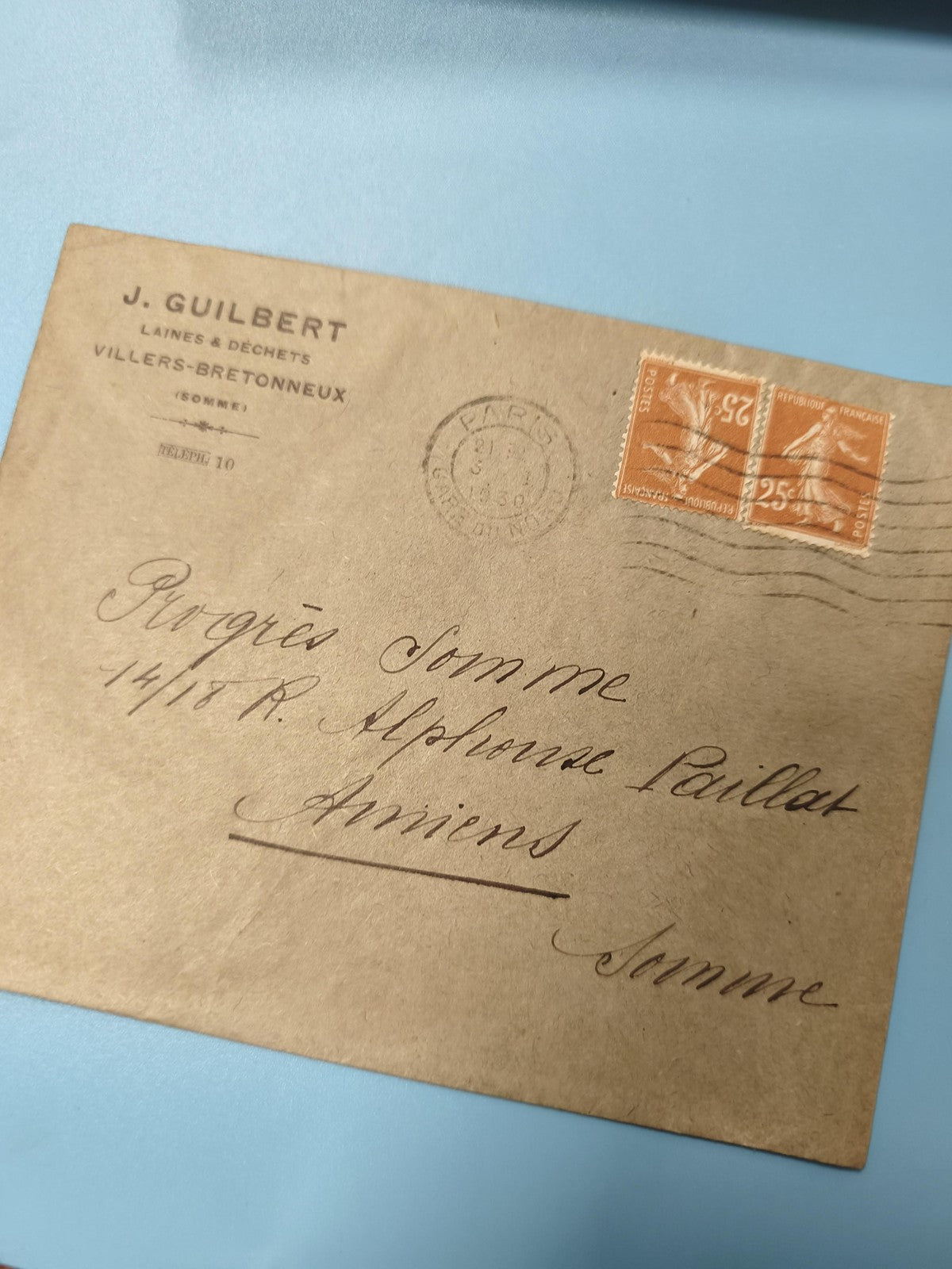 Ancienne enveloppe oblitérée début XXe, timbres Semeuse orange, philatélie