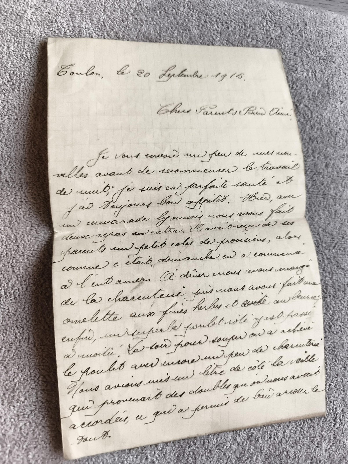 Lettre manuscrite ancienne 1915 WW1 Toulon Première Guerre papier quadrillé