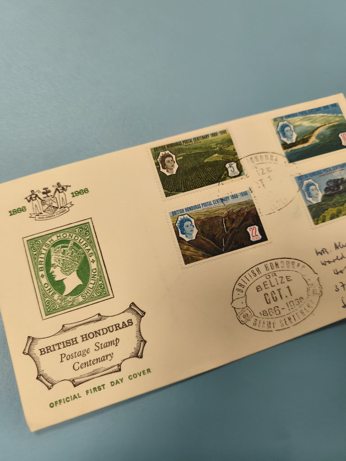 Enveloppe FDC British Honduras timbres Premier Jour émission Centenaire 1866-196