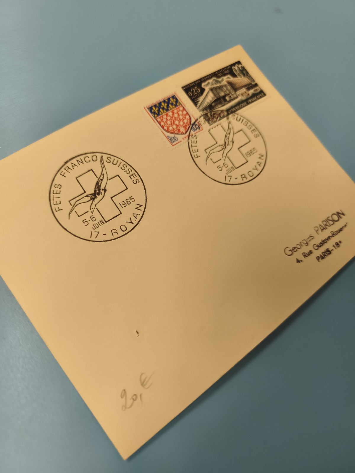 Ancienne enveloppe timbrée Fêtes Franco Suisses 1955 Royan philatélie collection