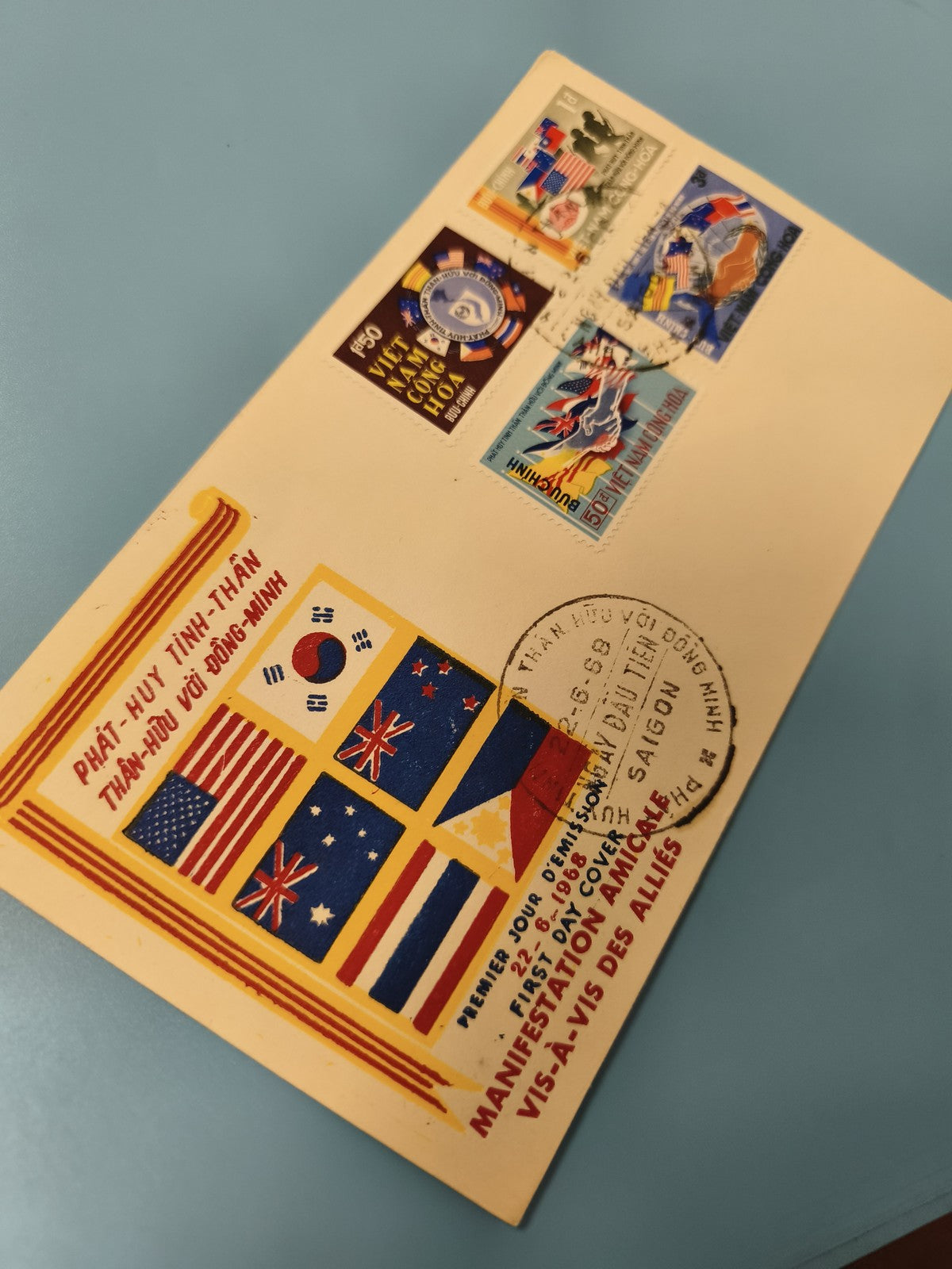 Ancienne enveloppe FDC Vietnam Manifestation Alliée timbres multicolores