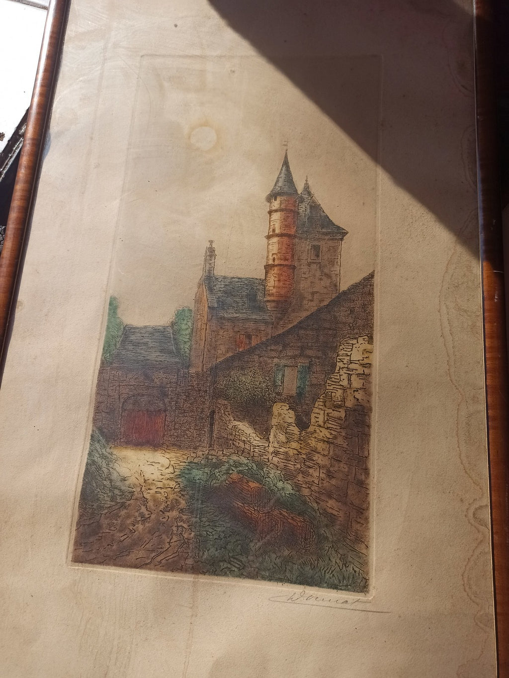 Lithographies anciennes signées, vues urbaines, encadrement bois vintage rétro