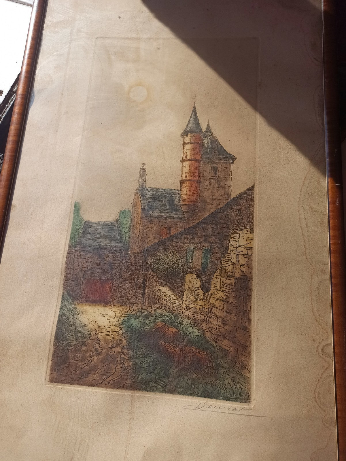 Lithographies anciennes signées, vues urbaines, encadrement bois vintage rétro