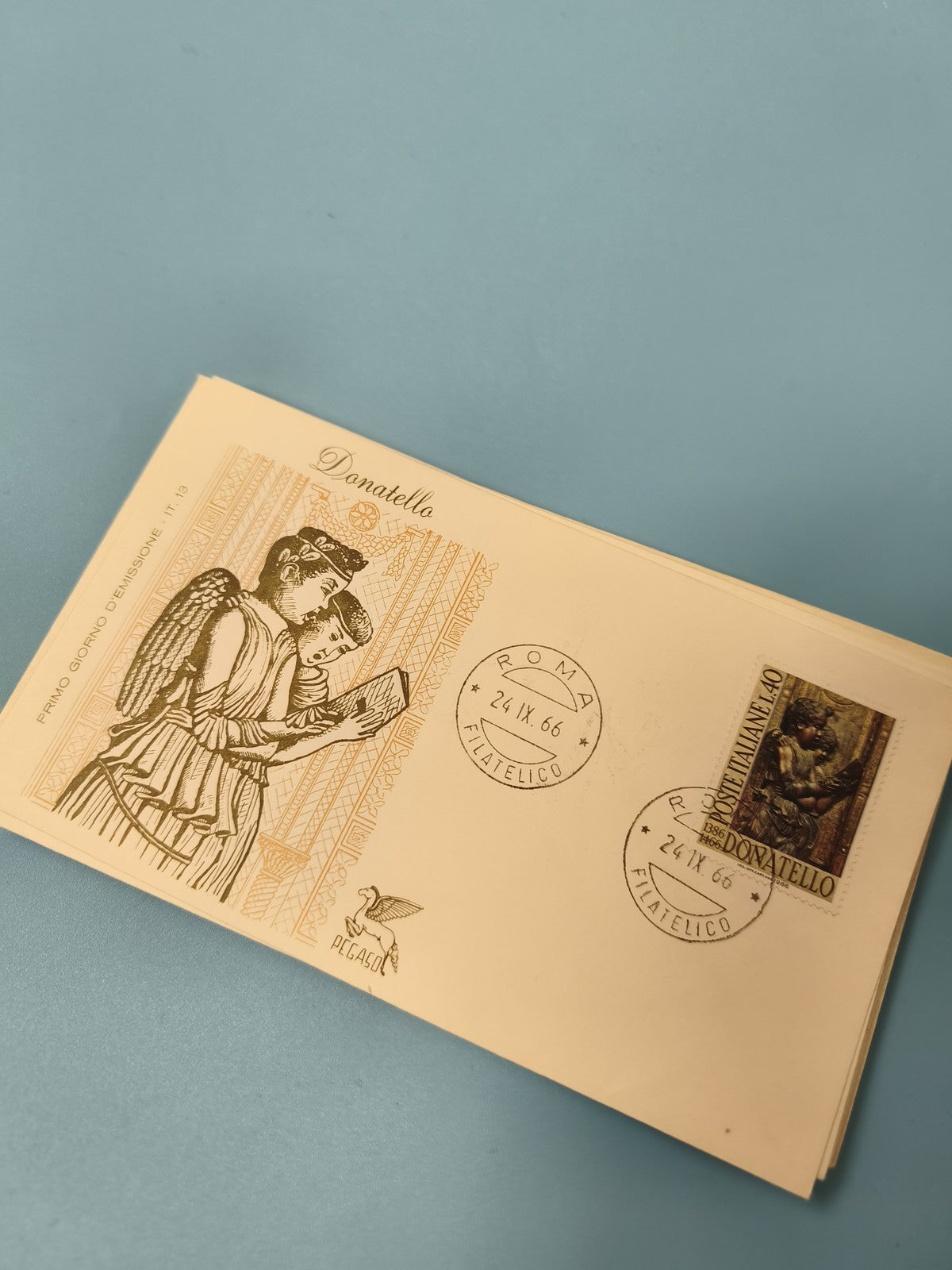 Enveloppe premier jour FDC Donatello Italie 1966 oblitérée illustration