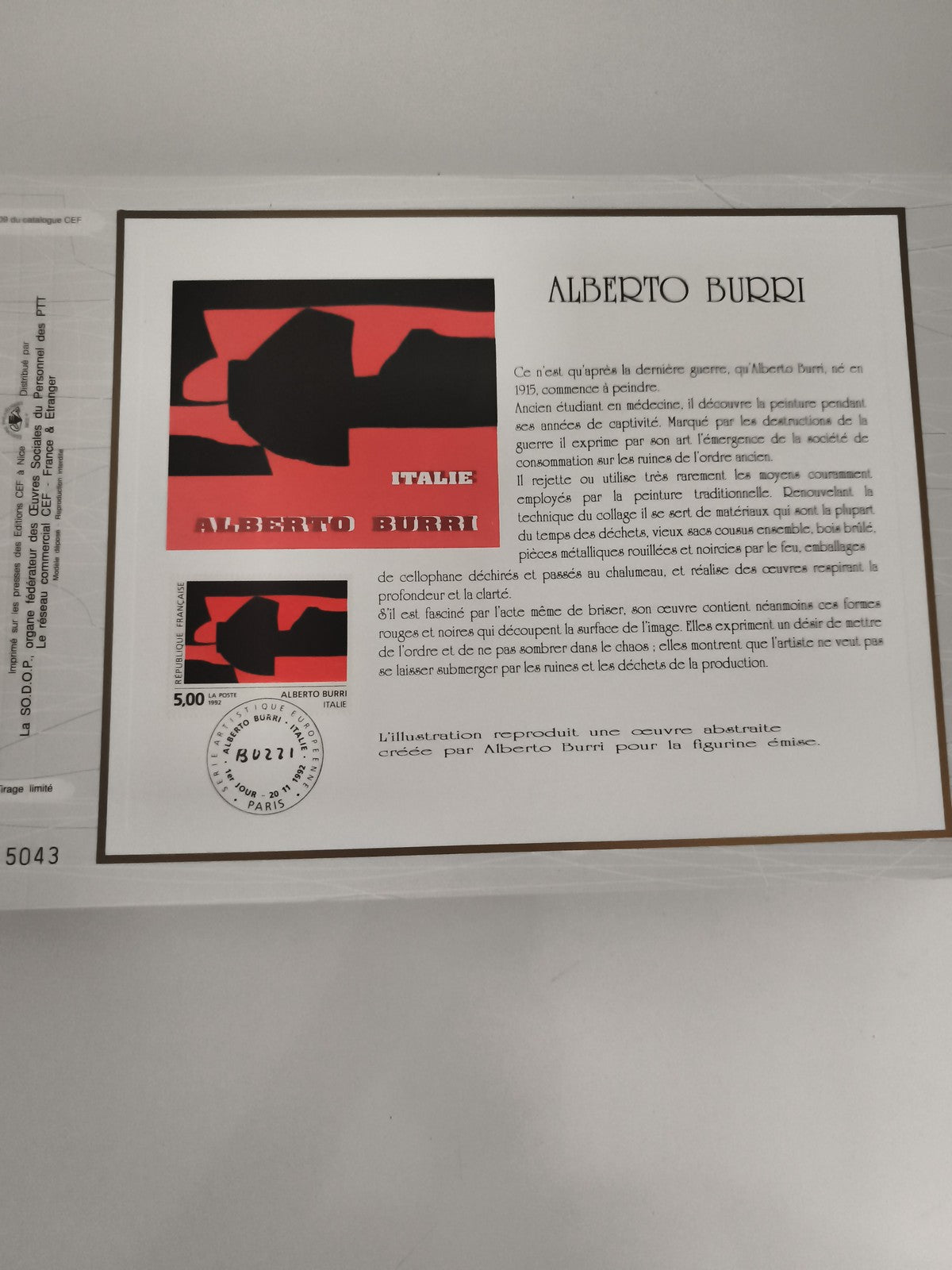 Feuillet CEF philatélie Alberto Burri Italie timbre abstrait oblitéré
