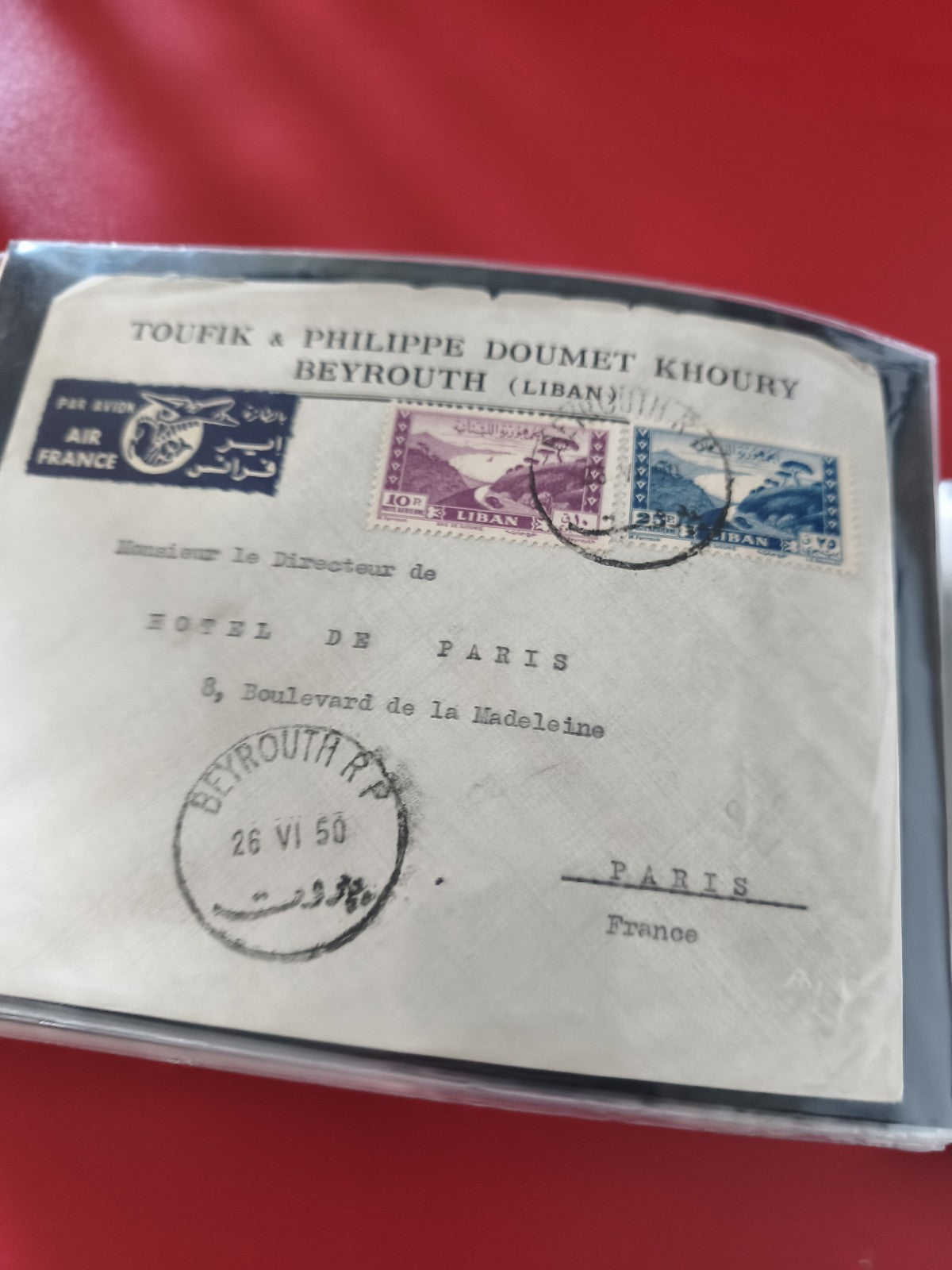 Ancienne enveloppe oblitérée Liban 1950 Air France pour philatéliste Paris