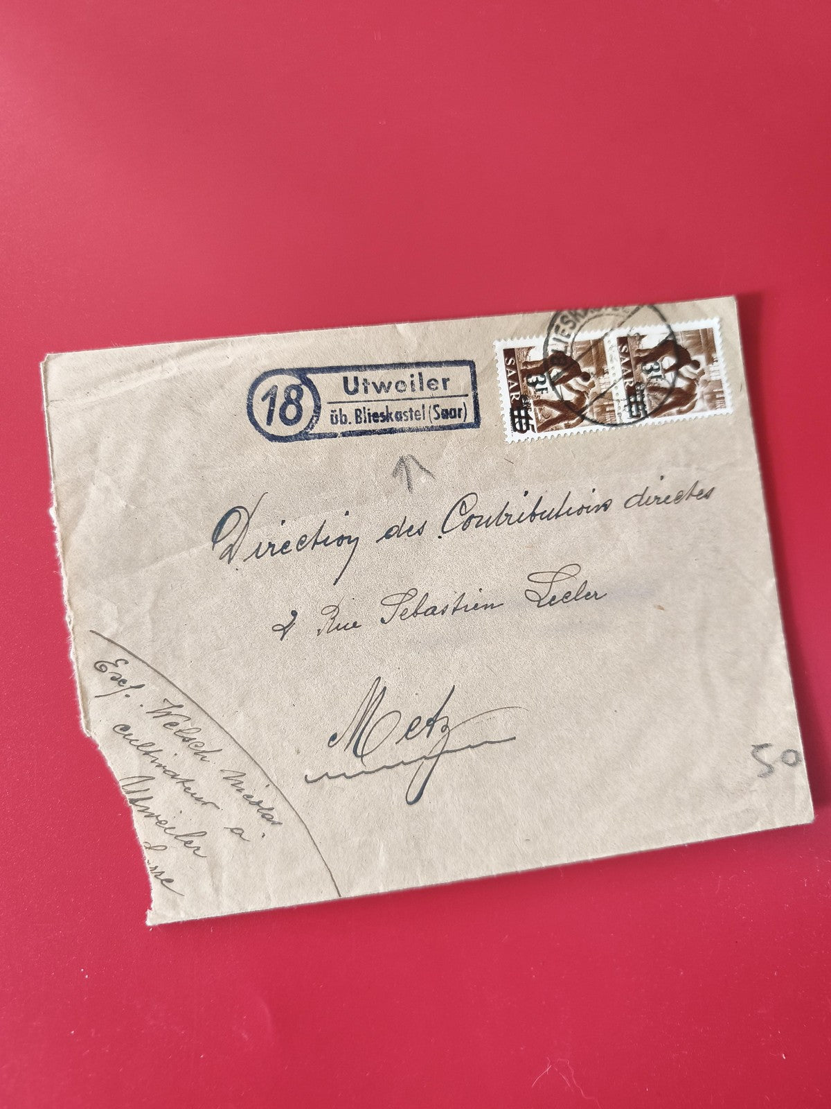 Enveloppe timbrée Saar philatélie, affranchissement postal, cachet Utweiler