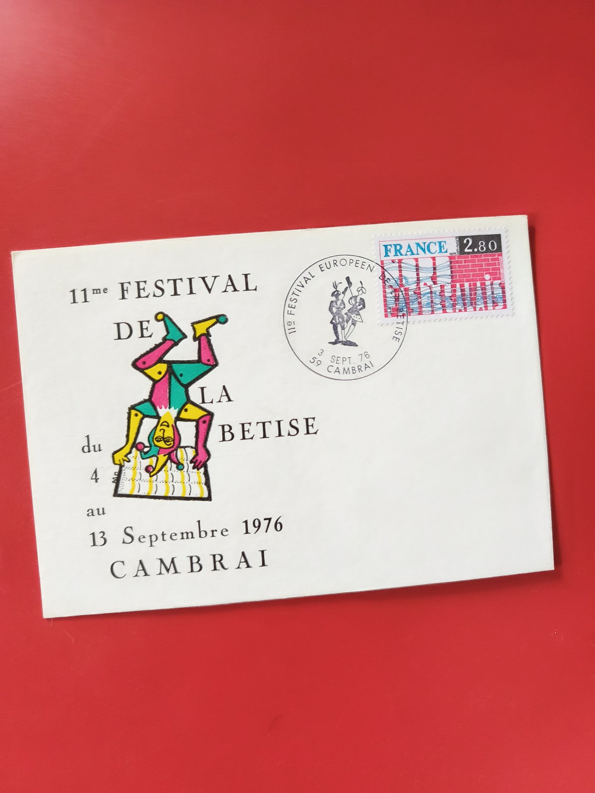 Carte postale philatélie Festival de la Bêtise Cambrai 1976 timbre illustré