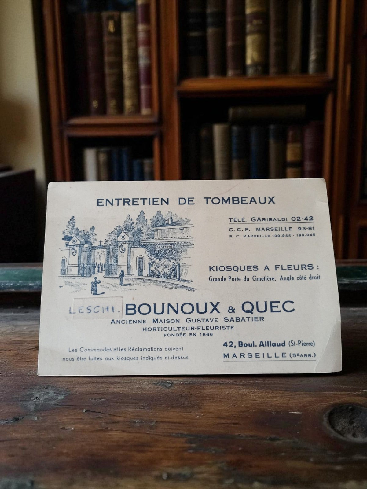 Carte publicitaire vintage entretien tombeaux Bounoux Quec Marseille années 1940