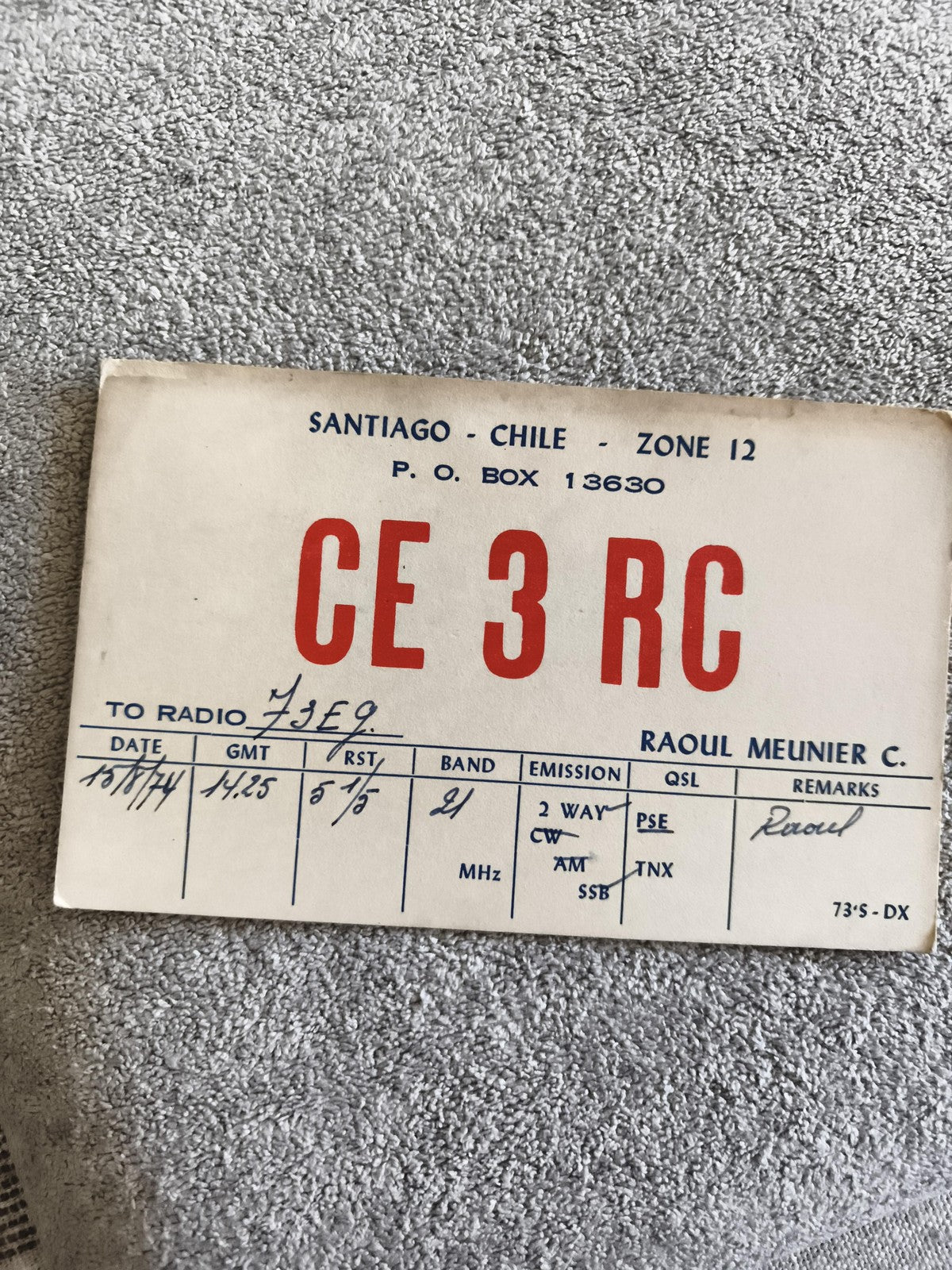Carte QSL radio ancienne CE3RC Chili Santiago 1974 radioamateur vintage