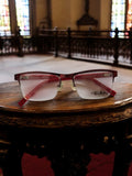Monture lunettes vintage Thierry Mugler rouge demi-cerclée, signé, deadstock