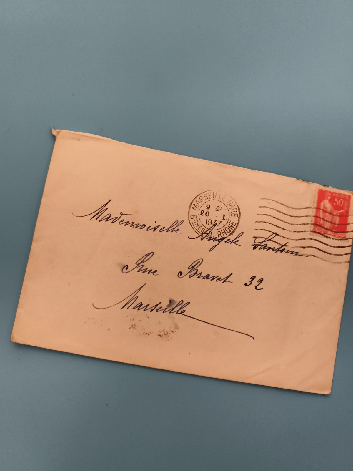 Lettre oblitérée Marseille 1937 timbre 50c philatélie enveloppe ancienne (Ref 3)