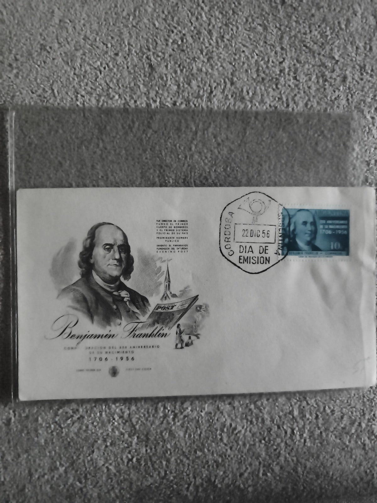 Enveloppe premier jour Benjamin Franklin 1956 timbre Córdoba philatélie (Ref 27)