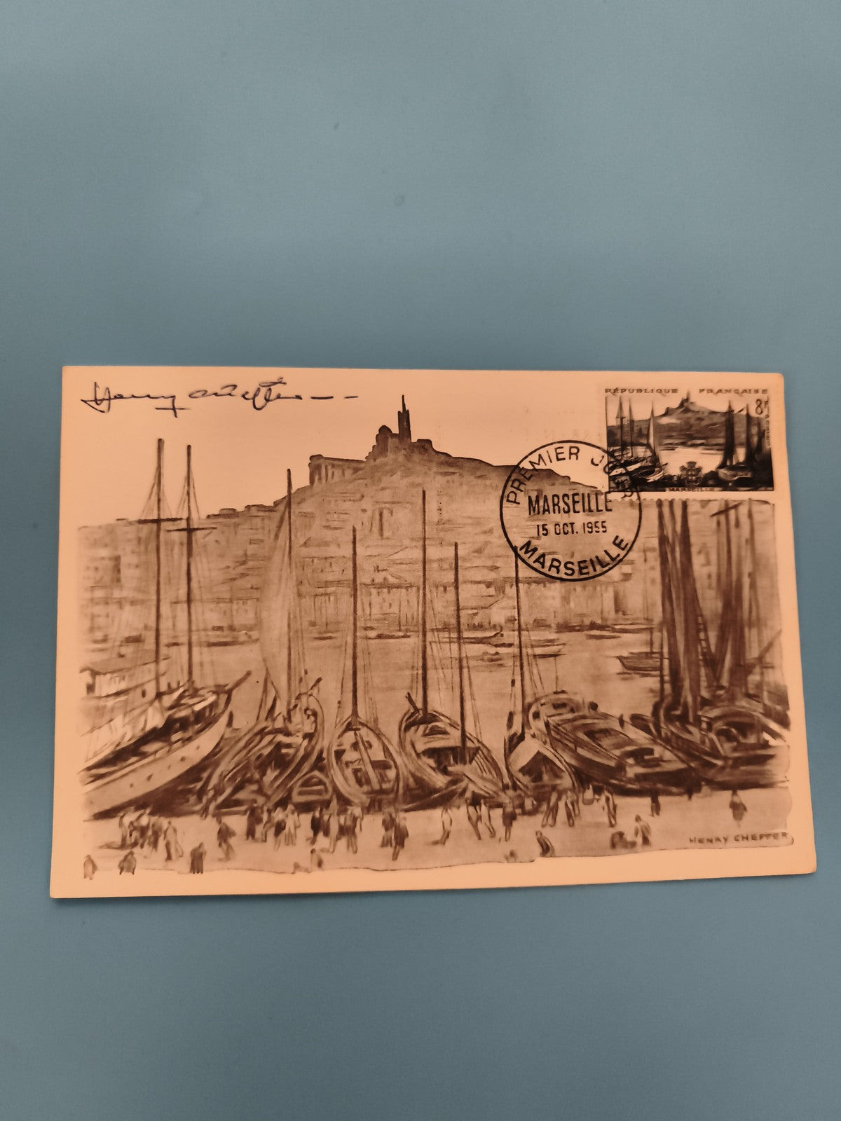 Carte postale premier jour Marseille 1955 Henry Cheffer timbre 8F philatélie