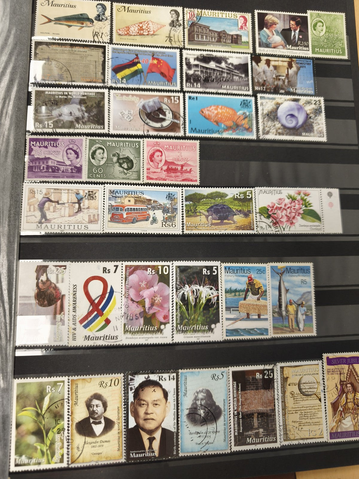 Lot de timbres île Maurice multicolores, thèmes variés, format standard, d'occas