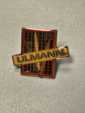 Vintage pin's Ulmann logo rétro, fond graphique, jaune rouge, collection (Ref 12