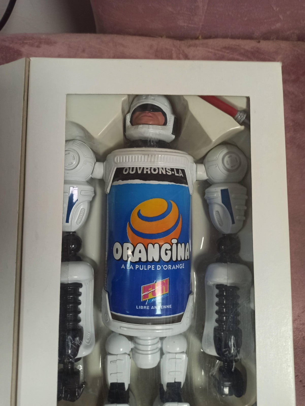 Figurine robot Orangina Pepsi vintage boîte, robot can publicitaire années 90