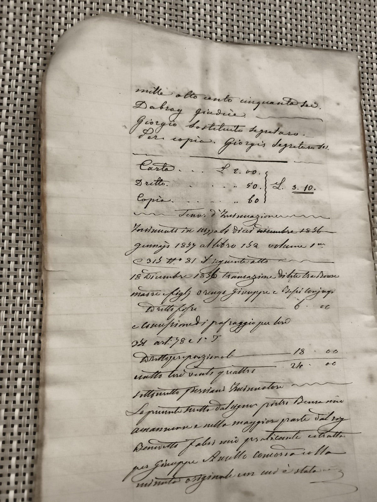 Ancien document manuscrit 19e siècle, papier filigrané, écriture cursive
