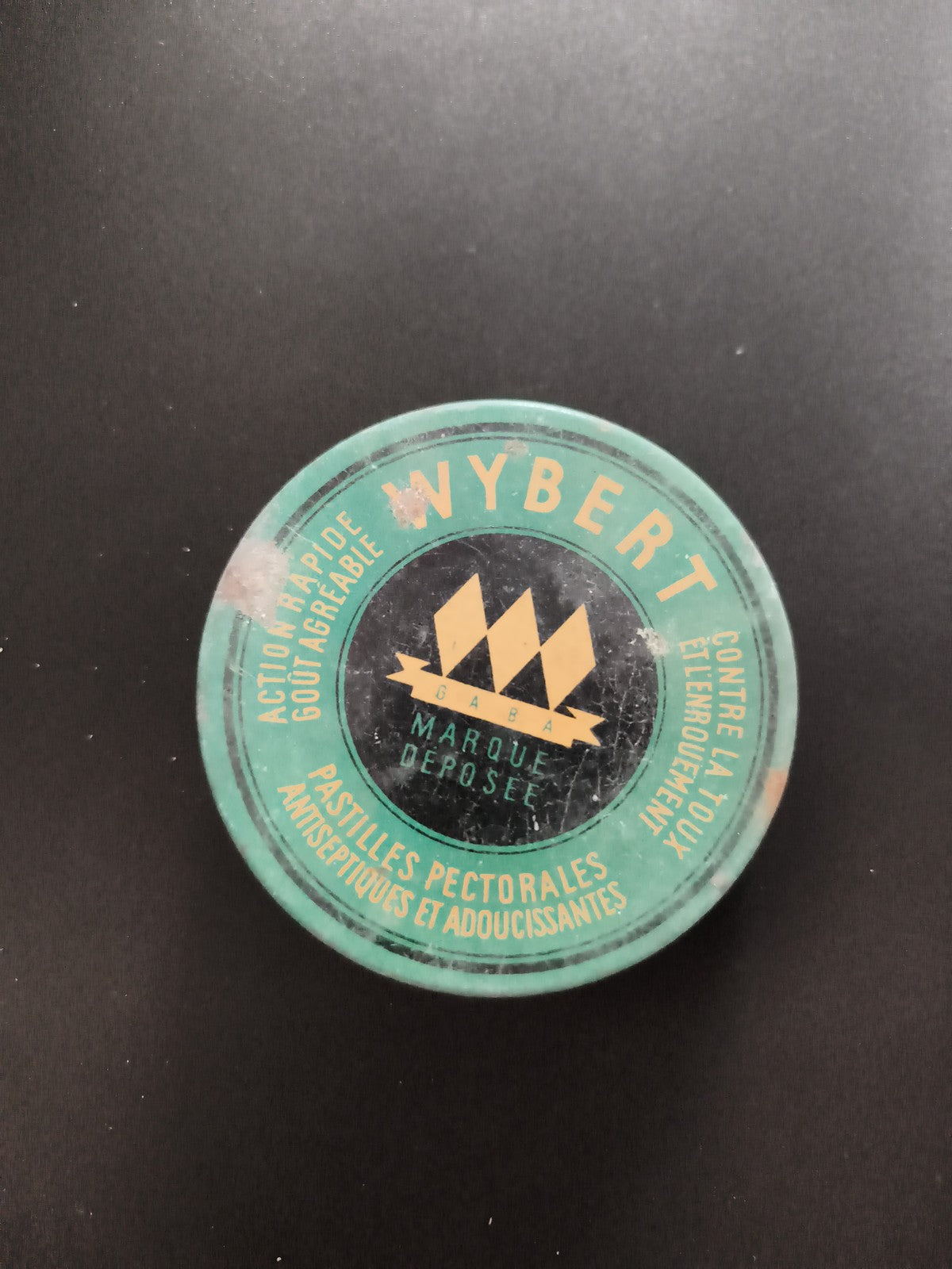 Boîte ancienne Wybert vert bleu pastilles pectorales vintage déco pharmacie