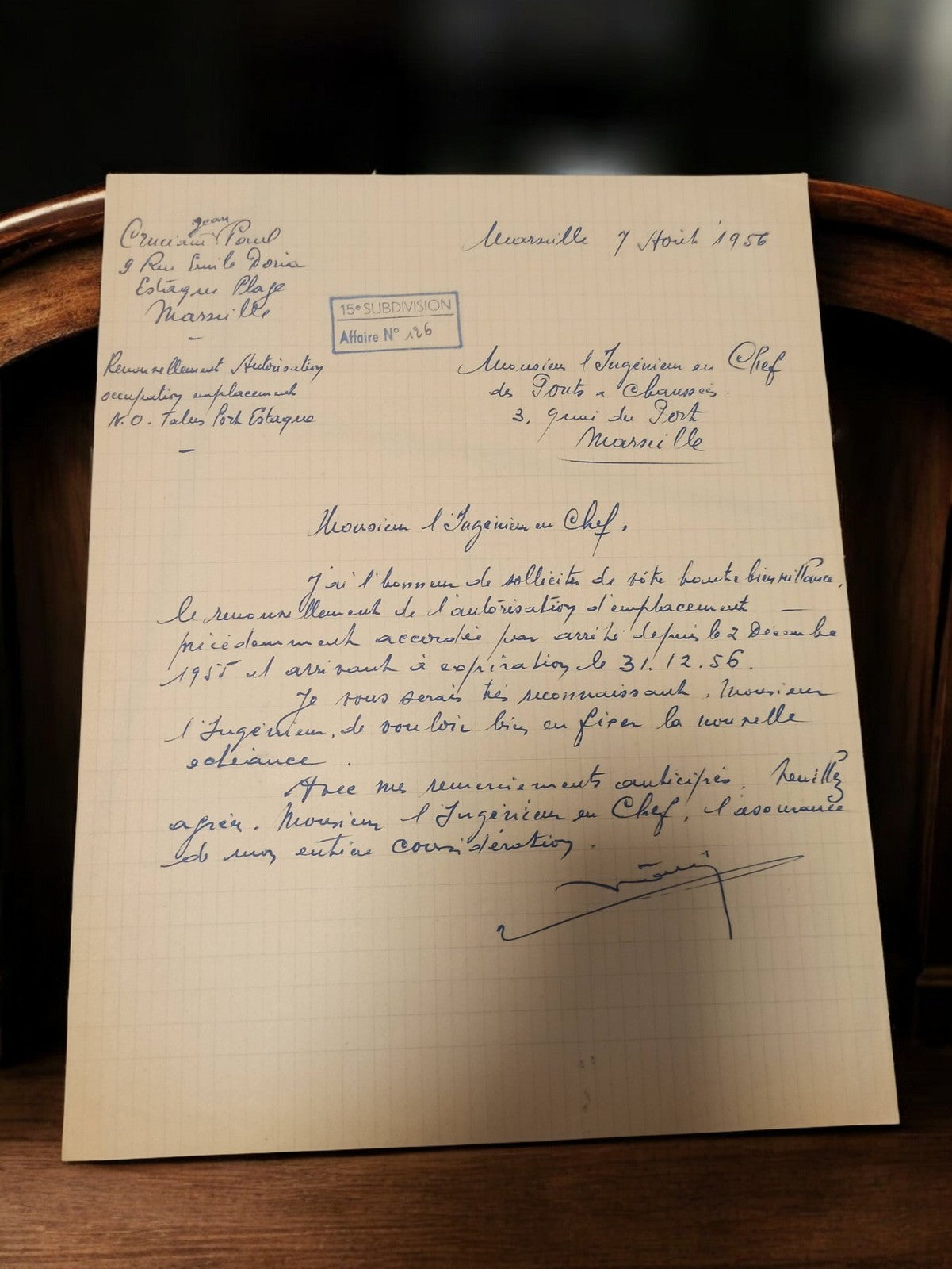 Lettre manuscrite Marseille 1956 travaux publics hydraulique vintage document
